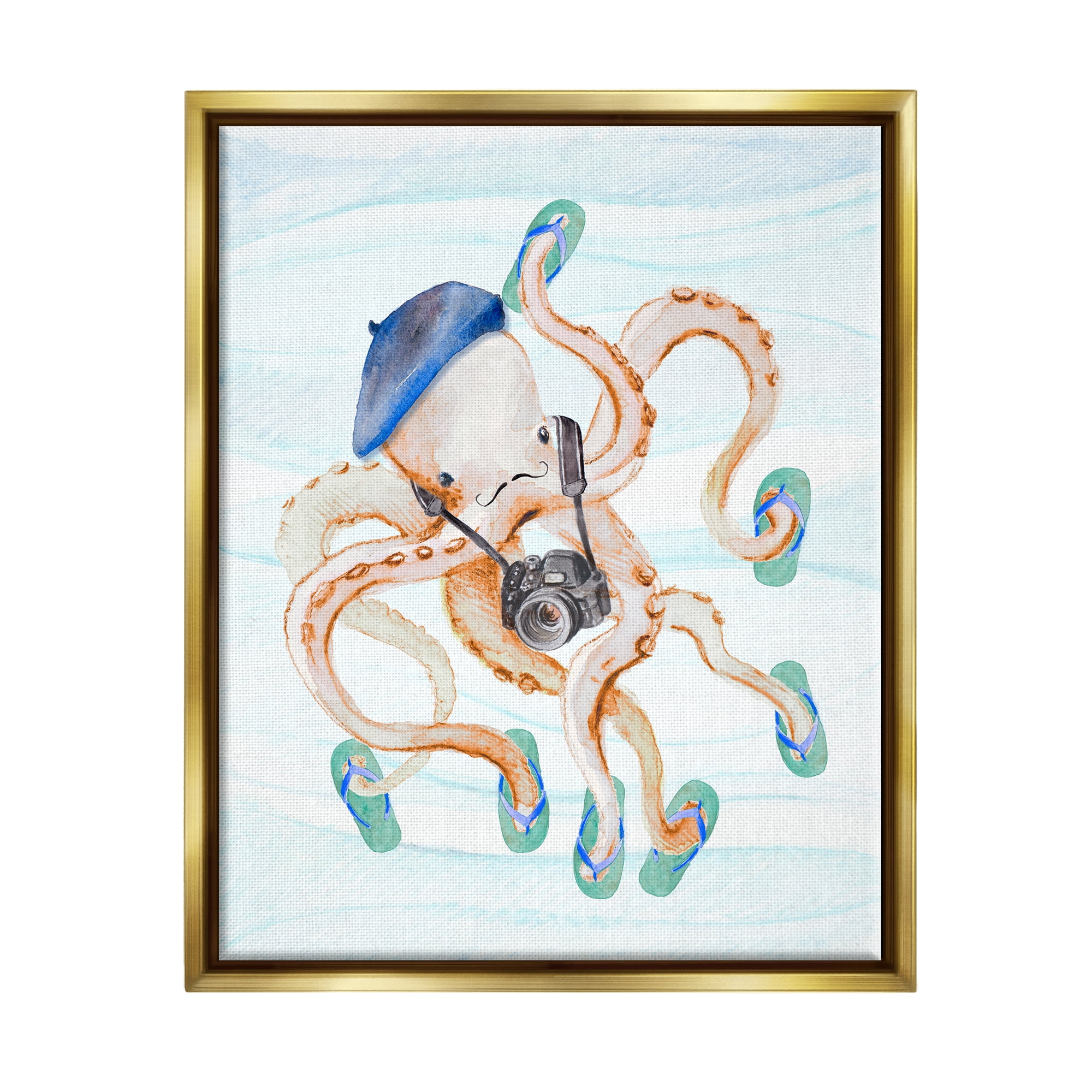 Stupell Vacation Tourist Octopus Funny Landscape Painting Gold Floater Framed Art Print Wall Art