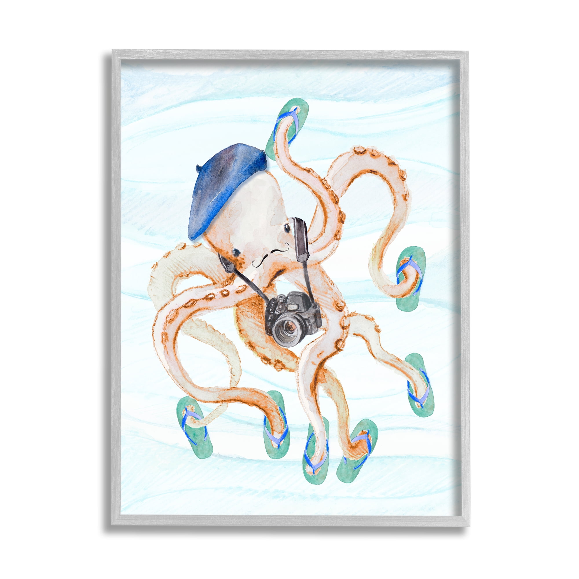 Stupell Vacation Tourist Octopus Funny Landscape Painting Gray Framed Art Print Wall Art