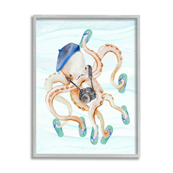 Stupell Vacation Tourist Octopus Funny Landscape Painting Gray Framed Art Print Wall Art