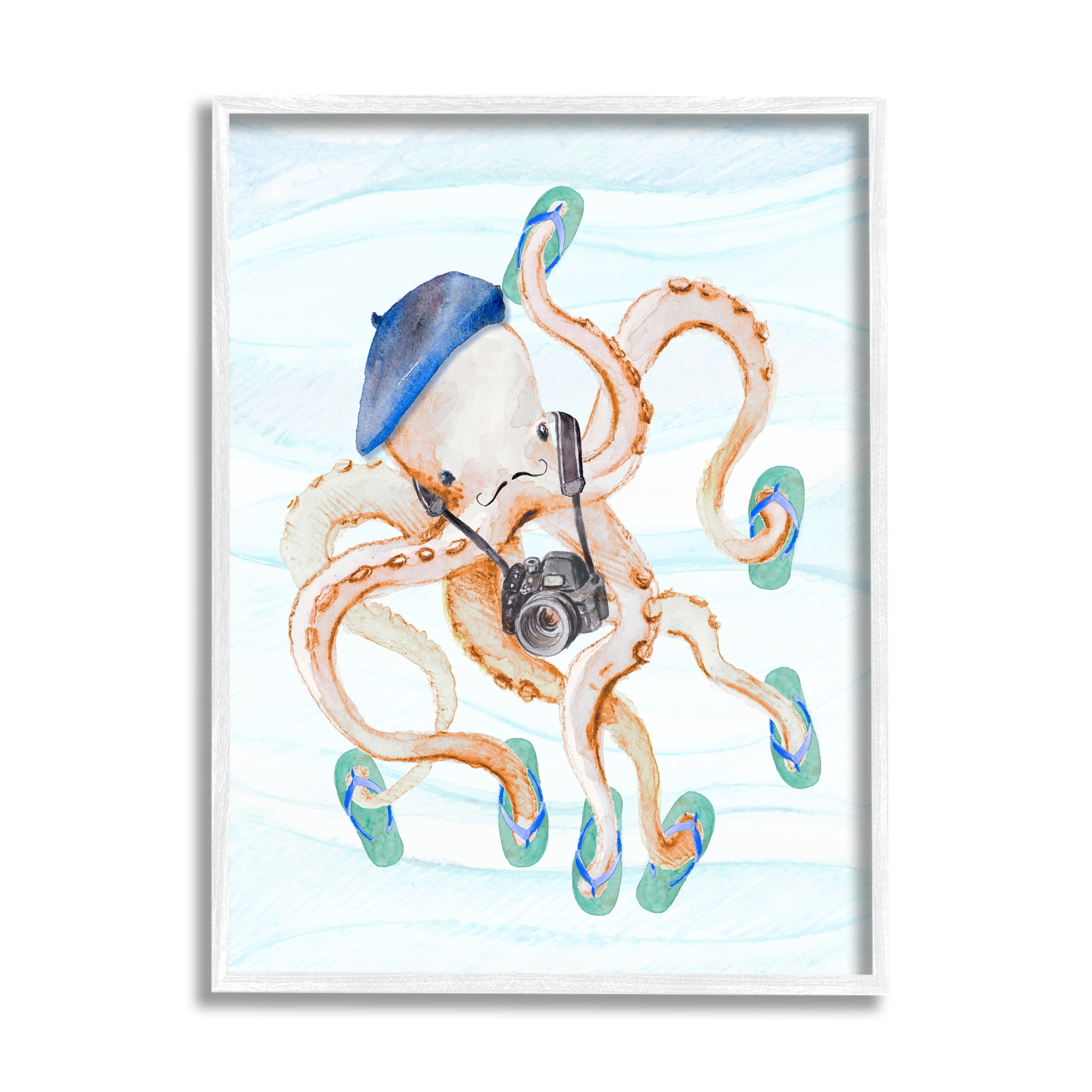 Stupell Vacation Tourist Octopus Funny Landscape Painting White Framed Art Print Wall Art
