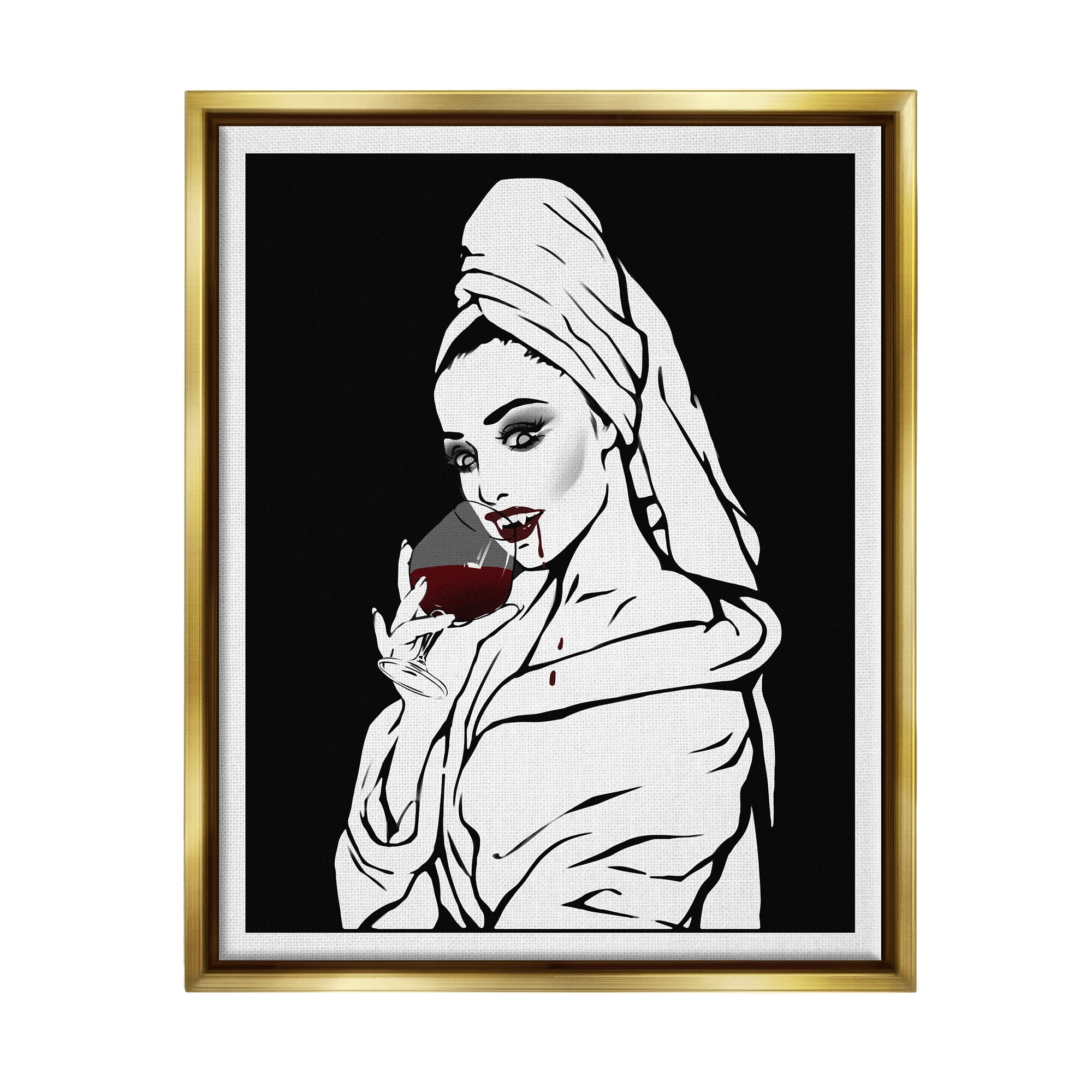 Stupell Vampire Wine Glass Glam Woman Beauty & Fashion Painting Gold Floater Framed Art Print Wall Art
