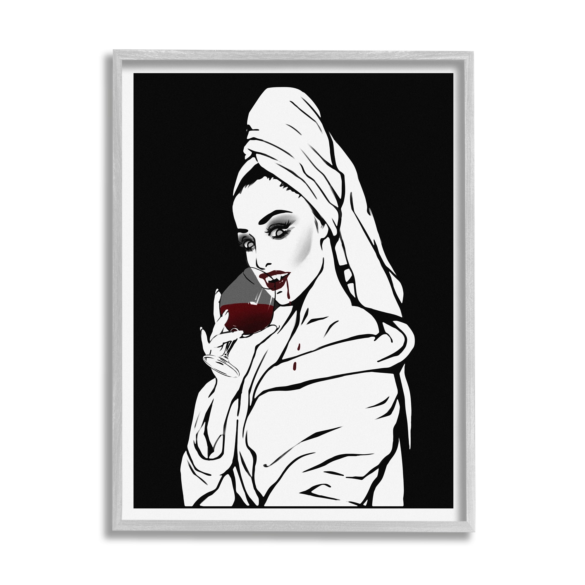 Stupell Vampire Wine Glass Glam Woman Beauty & Fashion Painting Gray Framed Art Print Wall Art