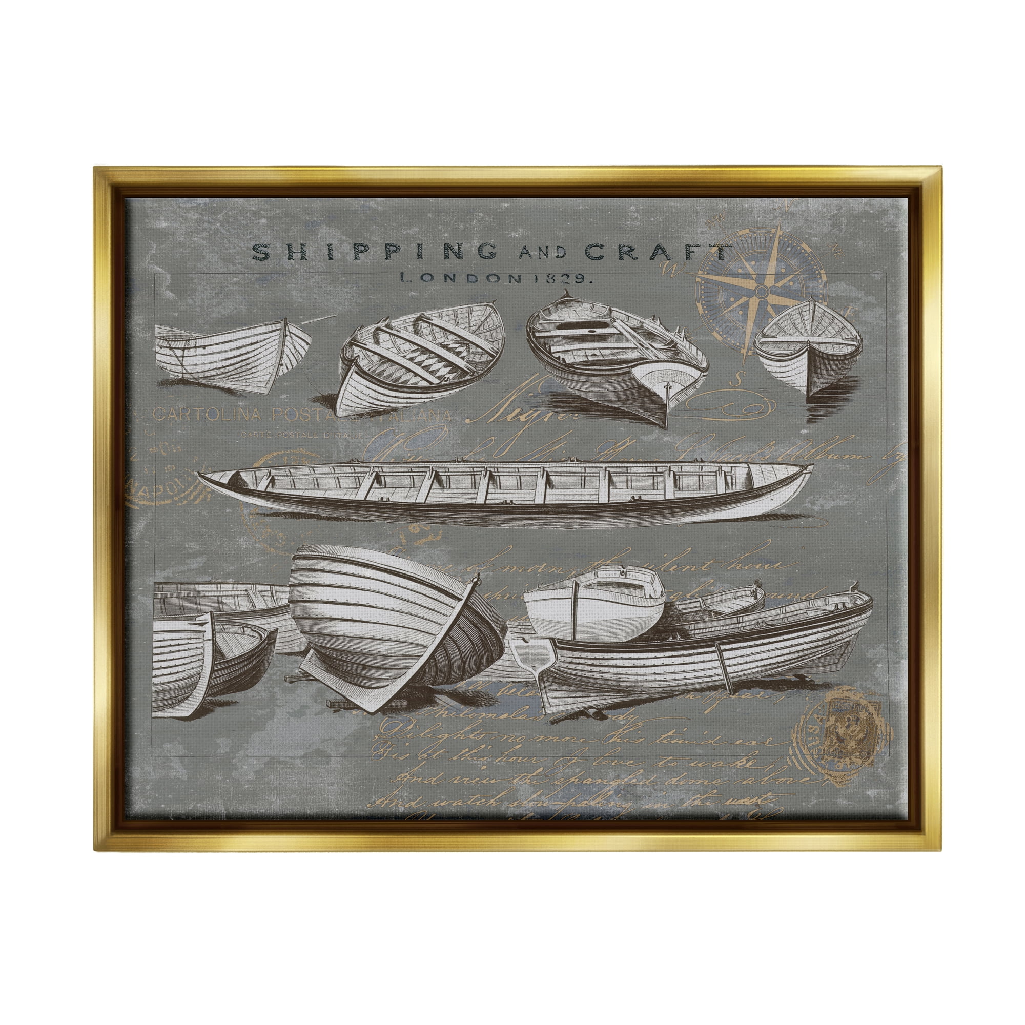 Stupell Various Boats Watercraft Vessels Transportation Painting Gold Floater Framed Art Print Wall Art