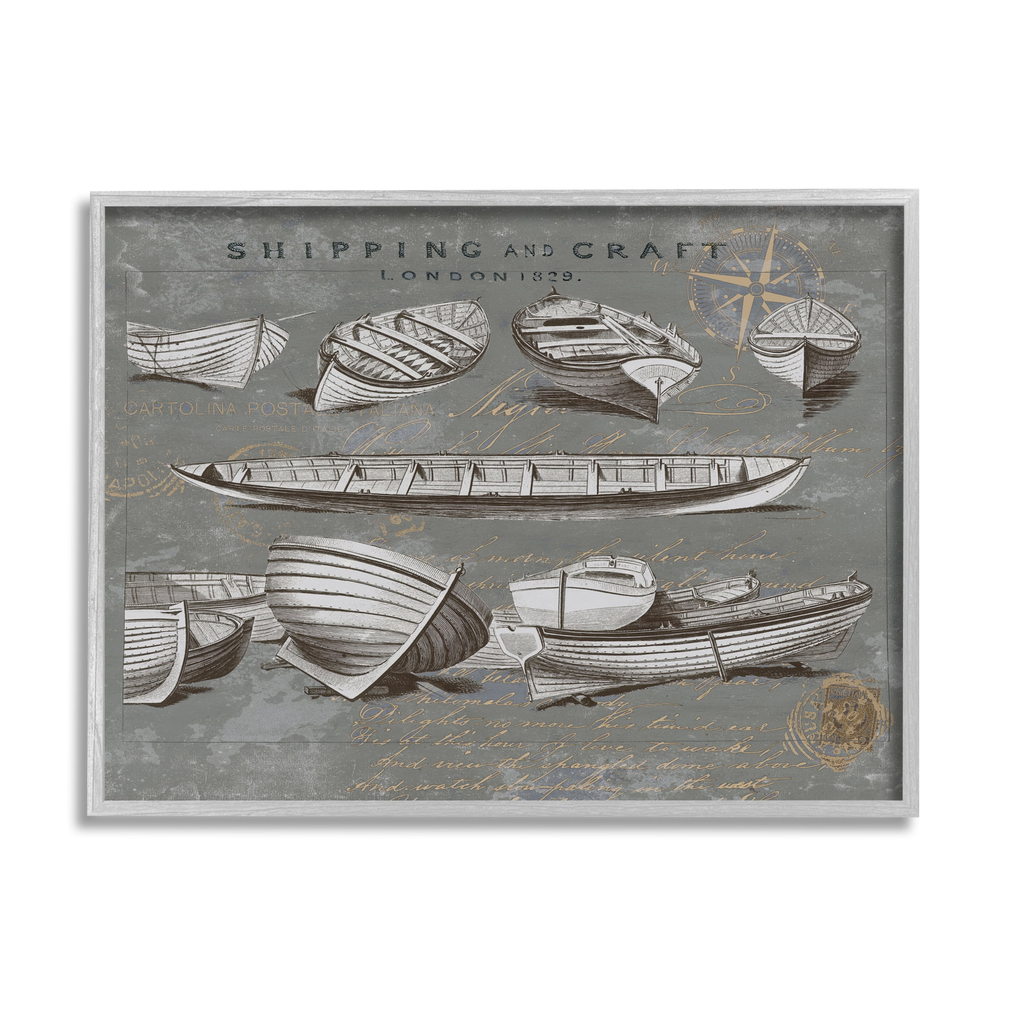 Stupell Various Boats Watercraft Vessels Transportation Painting Gray Framed Art Print Wall Art