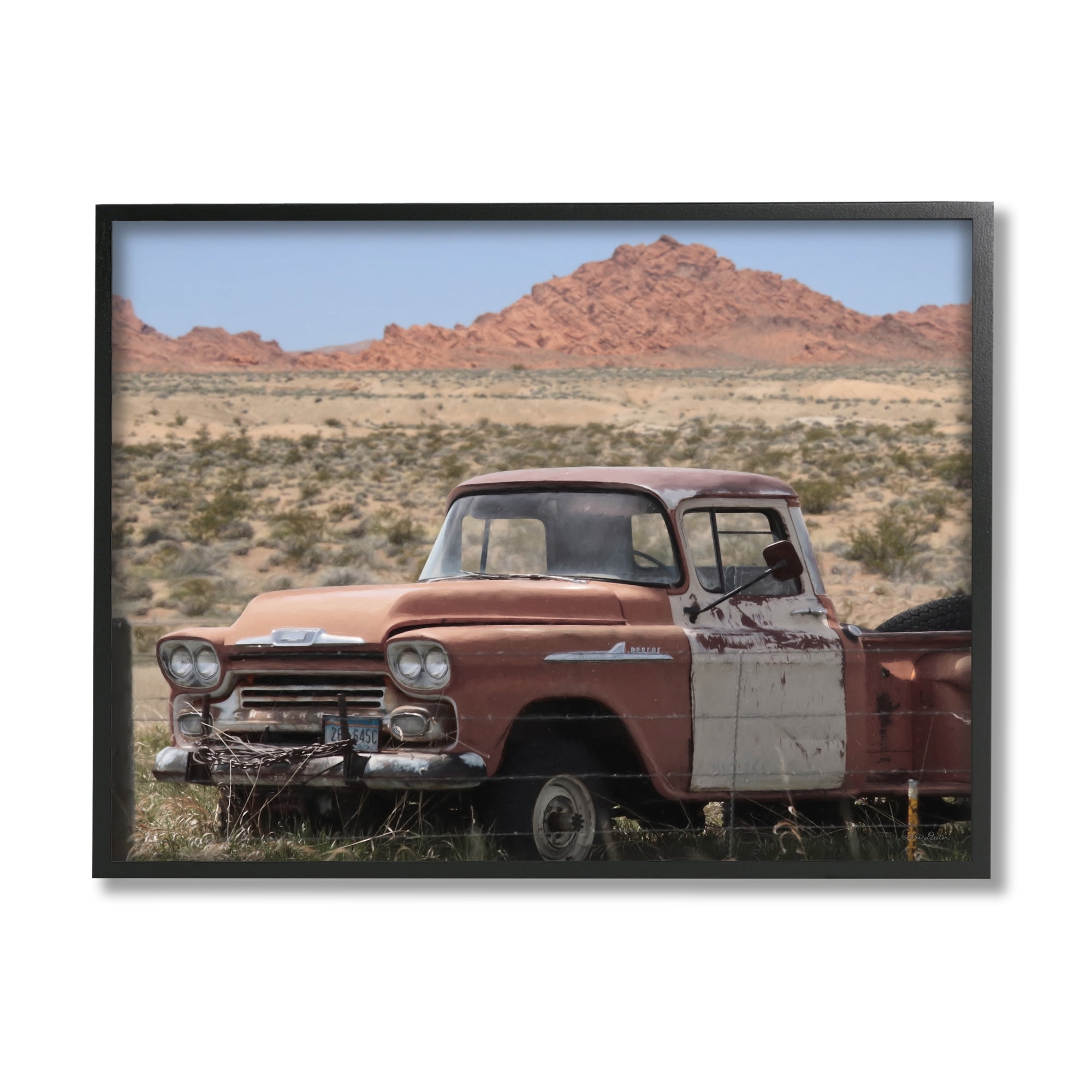 Stupell Vast Desert Mountains Vintage Truck Transportation Photography Black Framed Art Print Wall Art