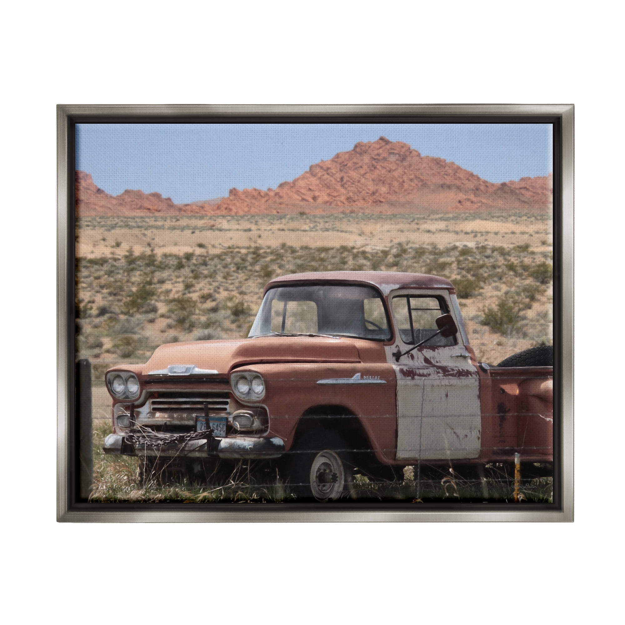 Stupell Vast Desert Mountains Vintage Truck Transportation Photography Gray Floater Framed Art Print Wall Art