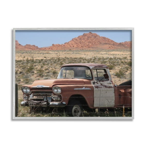 Stupell Vast Desert Mountains Vintage Truck Transportation Photography Gray Framed Art Print Wall Art