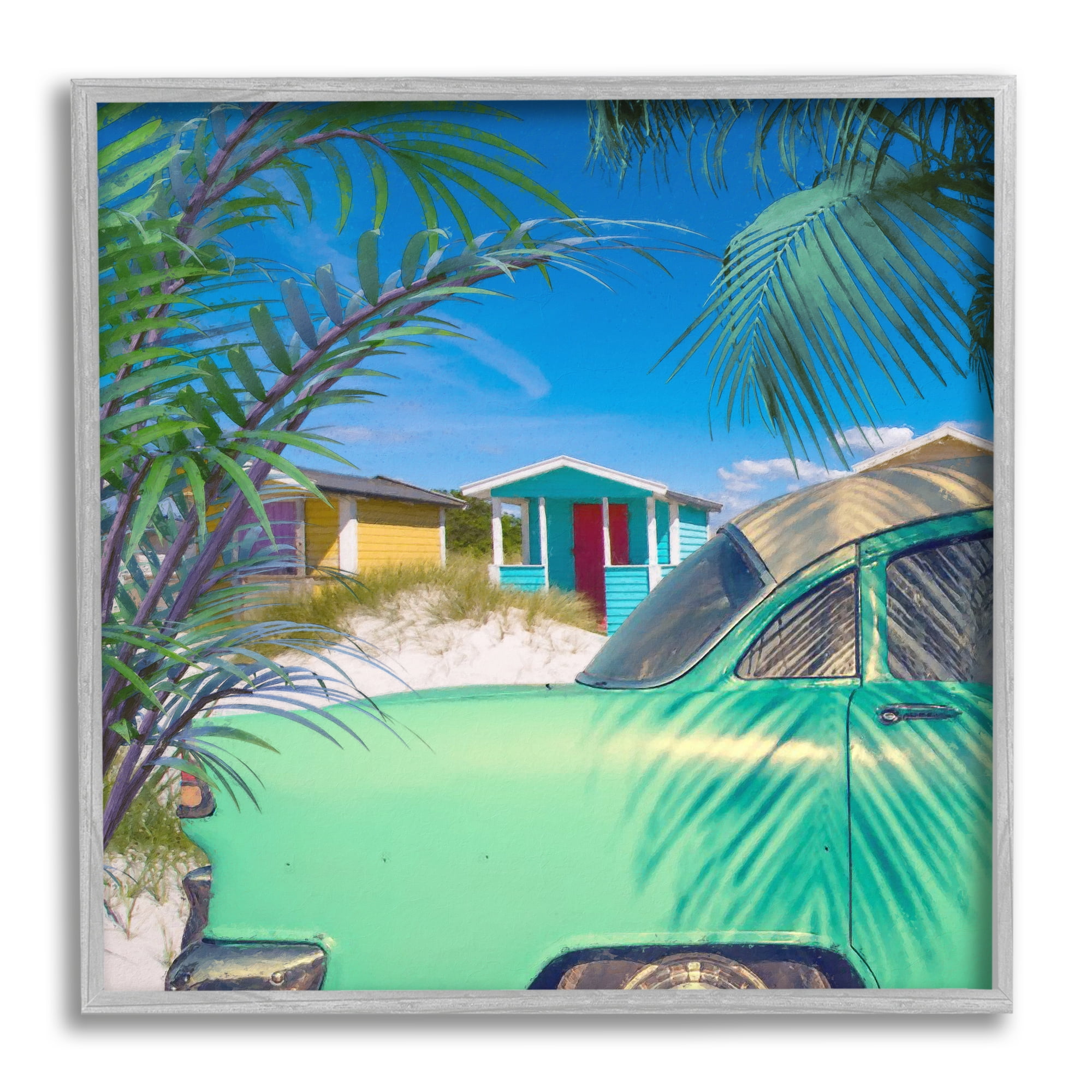 Stupell Vintage Car Coastal Vacation Cottages Landscape Photography Gray Framed Art Print Wall Art