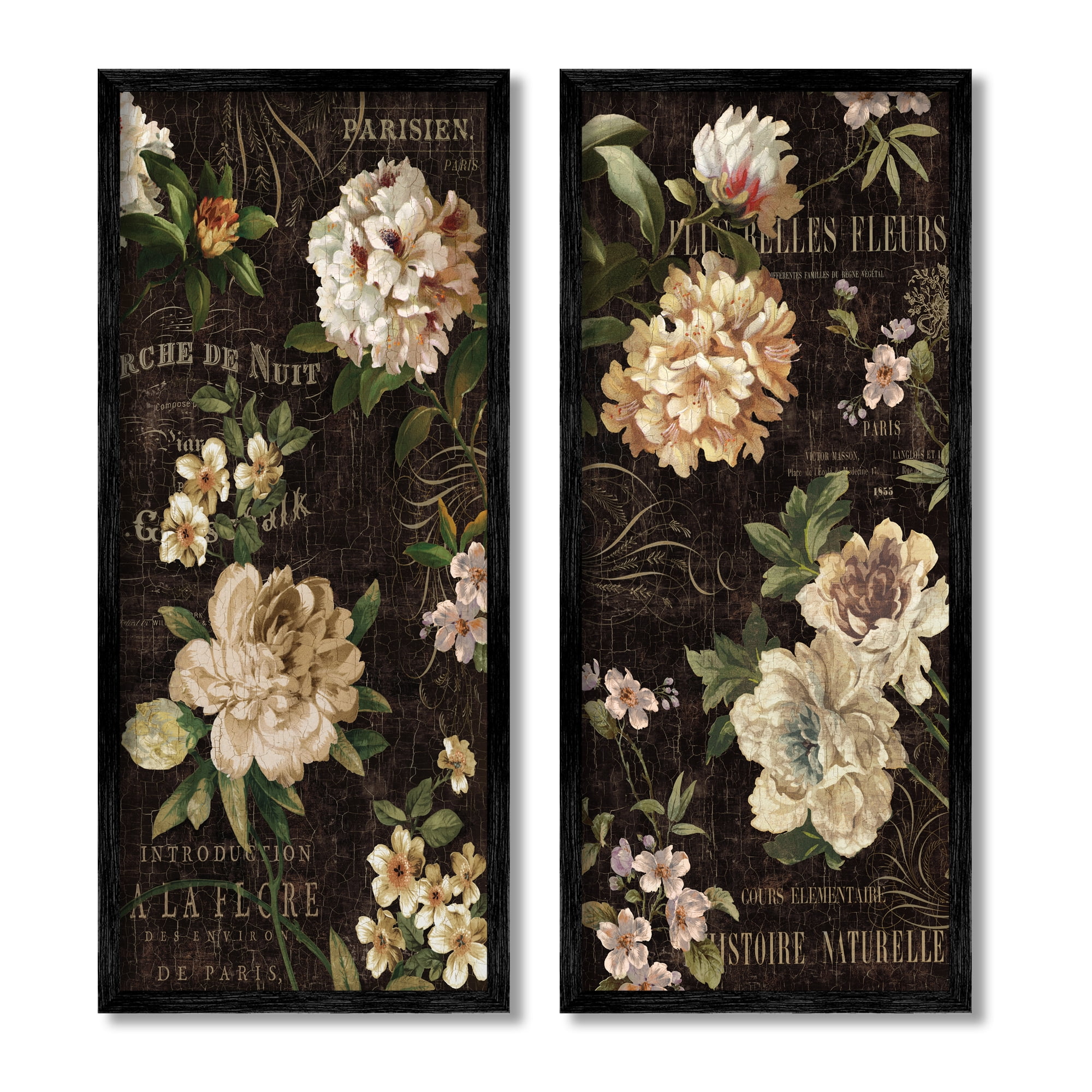 Stupell Vintage French Typography Flowers Botanical & Floral Painting Black Framed Art Print Wall Art, Set of 2
