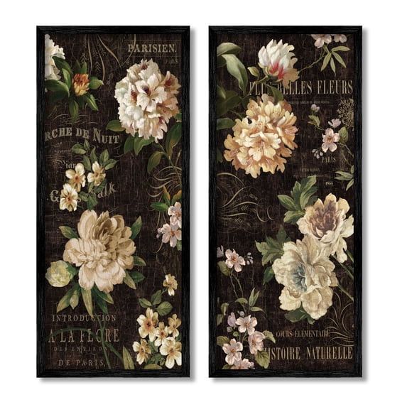 Stupell Vintage French Typography Flowers Botanical & Floral Painting Black Framed Art Print Wall Art, Set of 2