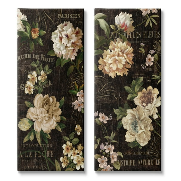 Stupell Vintage French Typography Flowers Botanical & Floral Painting Gallery Wrapped Canvas Print Wall Art, Set of 2