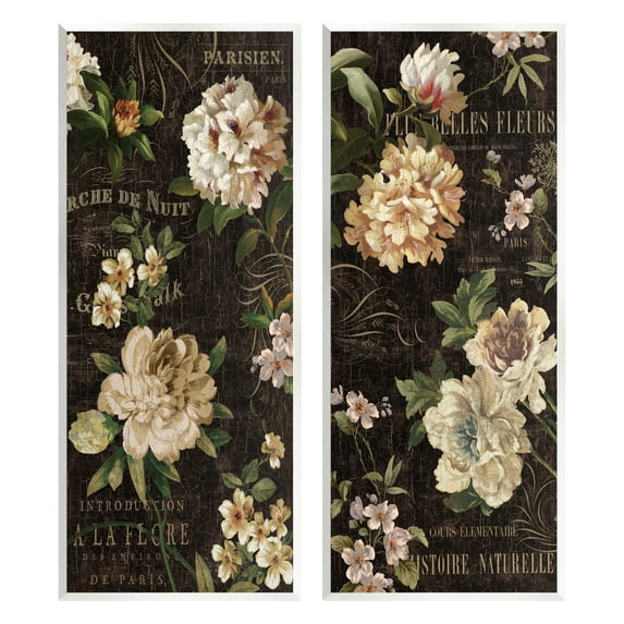Stupell Vintage French Typography Flowers Botanical & Floral Painting Wall Plaque Unframed Art Print Wall Art, Set of 2