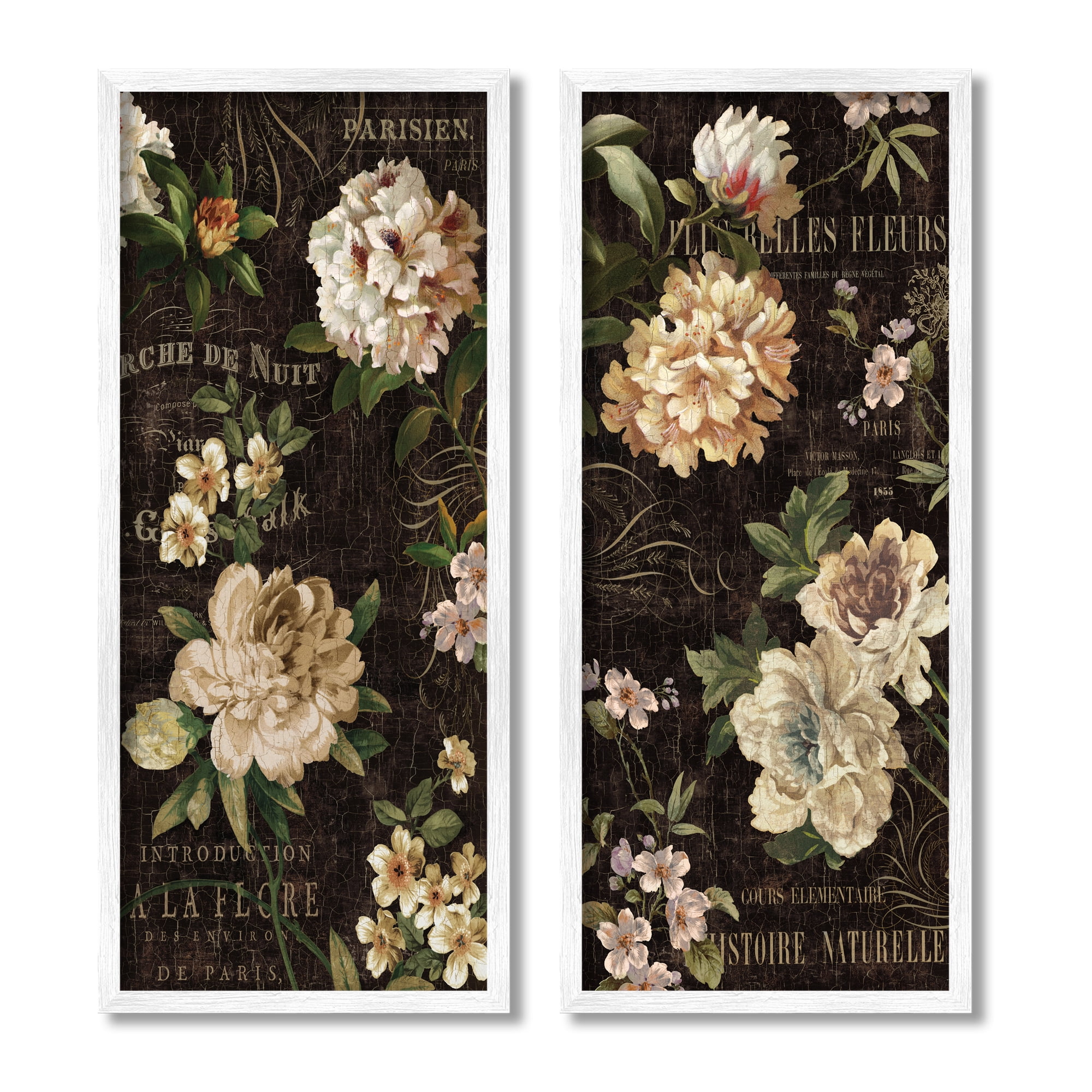 Stupell Vintage French Typography Flowers Botanical & Floral Painting White Framed Art Print Wall Art, Set of 2