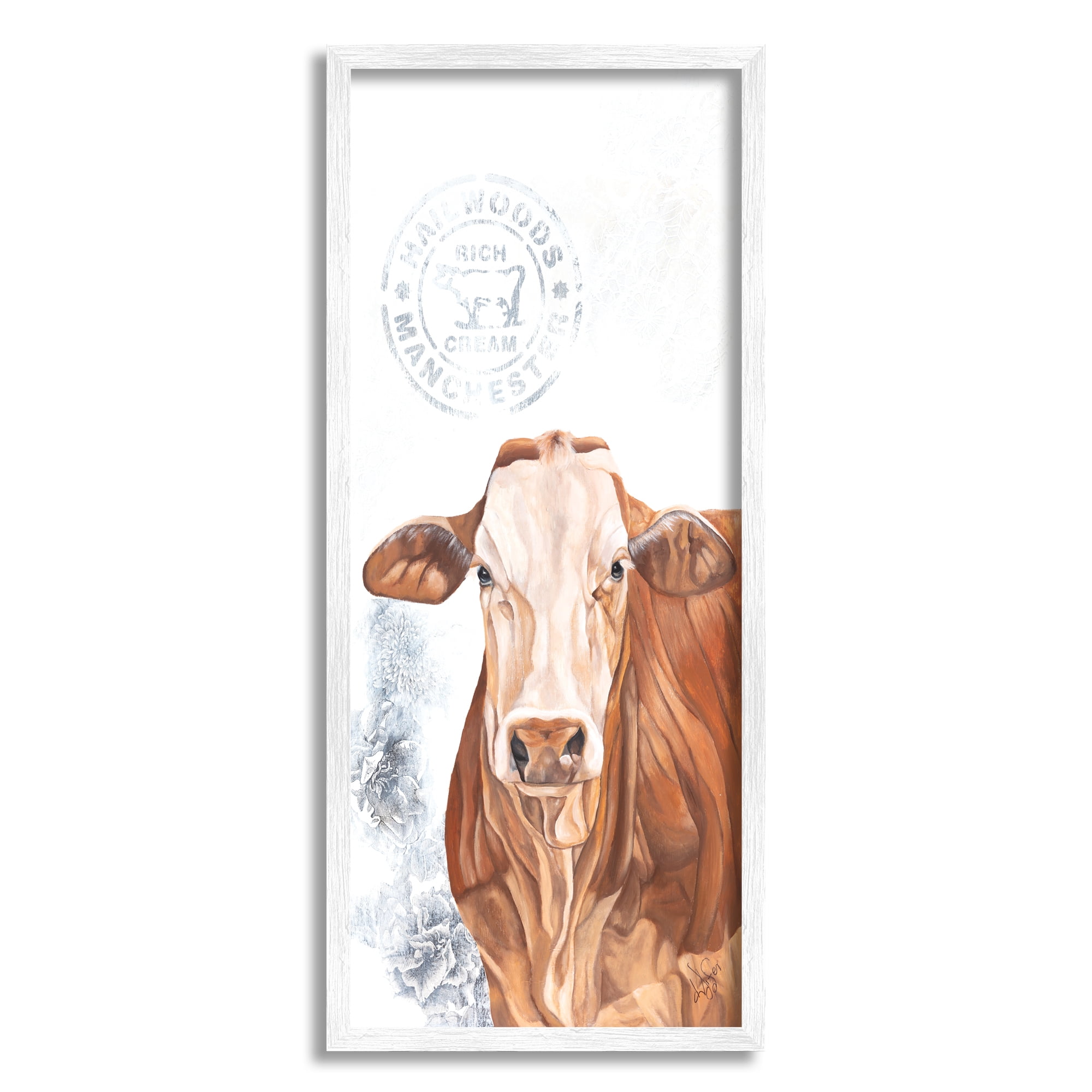 Stupell Vintage Fresh Cream Farm Cow Animals & Insects Painting White Framed Art Print Wall Art