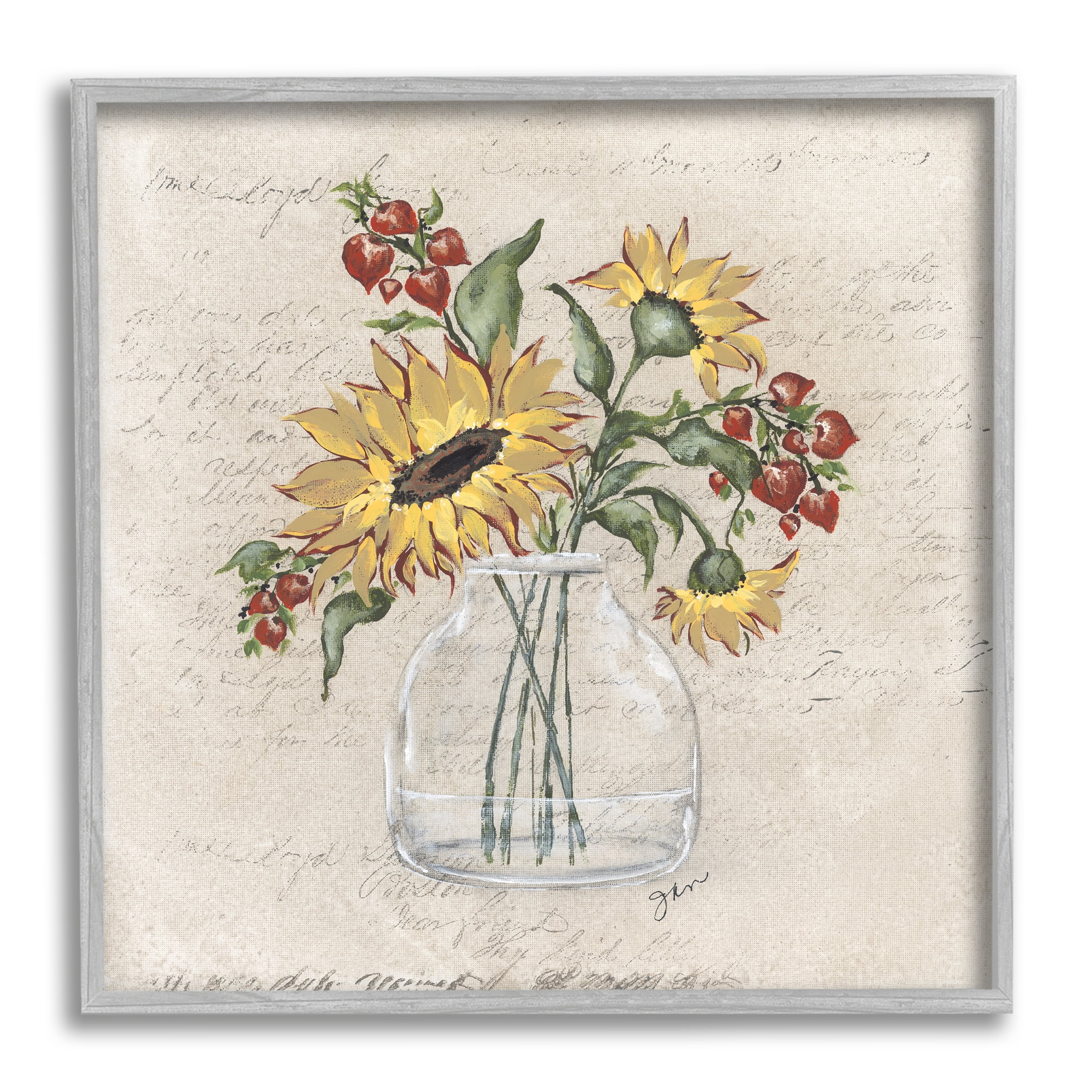 Stupell Vintage Mixed Sunflower Arrangement Botanical & Floral Painting Gray Framed Art Print Wall Art