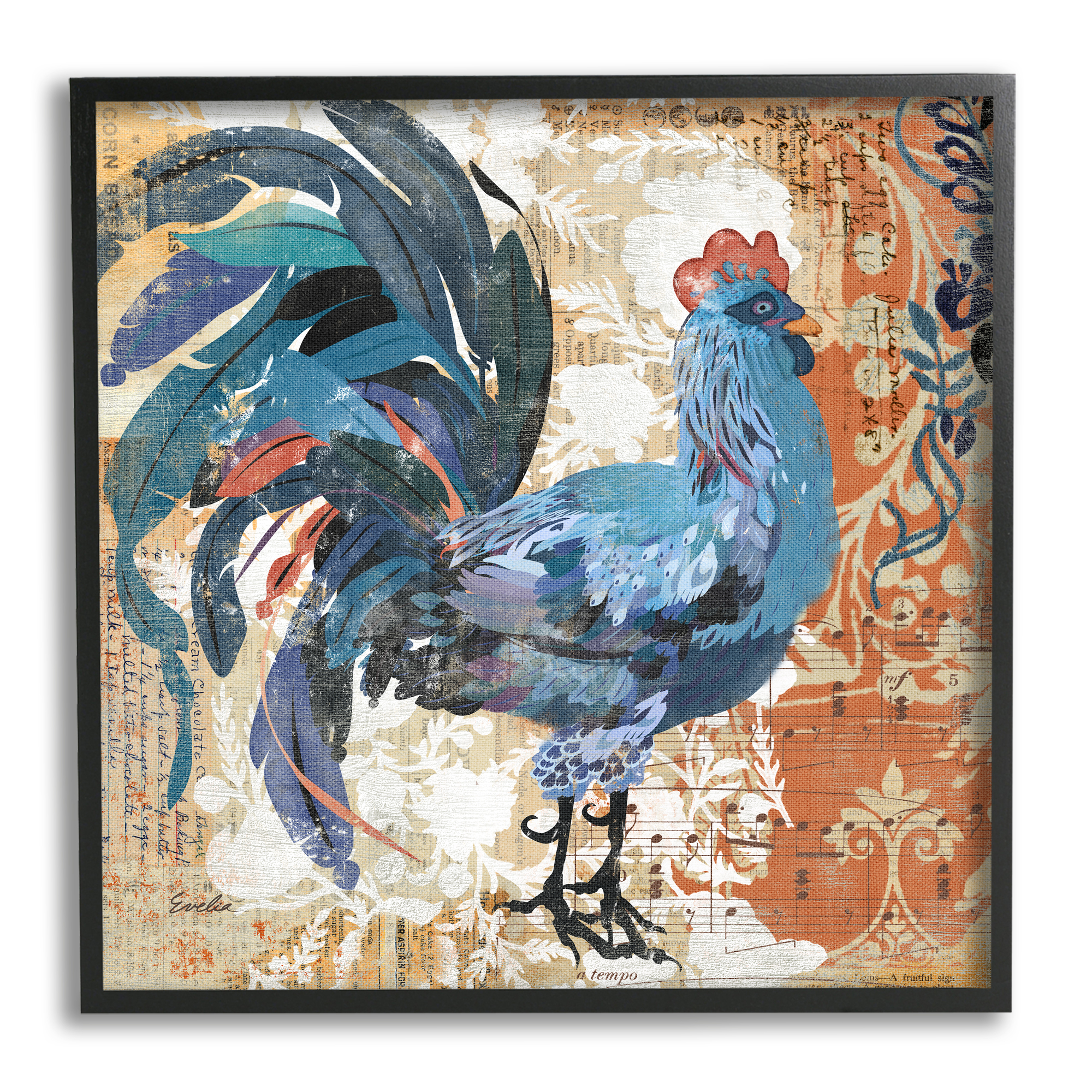 Stupell Vintage Rooster Floral Collage Animals & Insects Painting Black Framed Art Print Wall Art