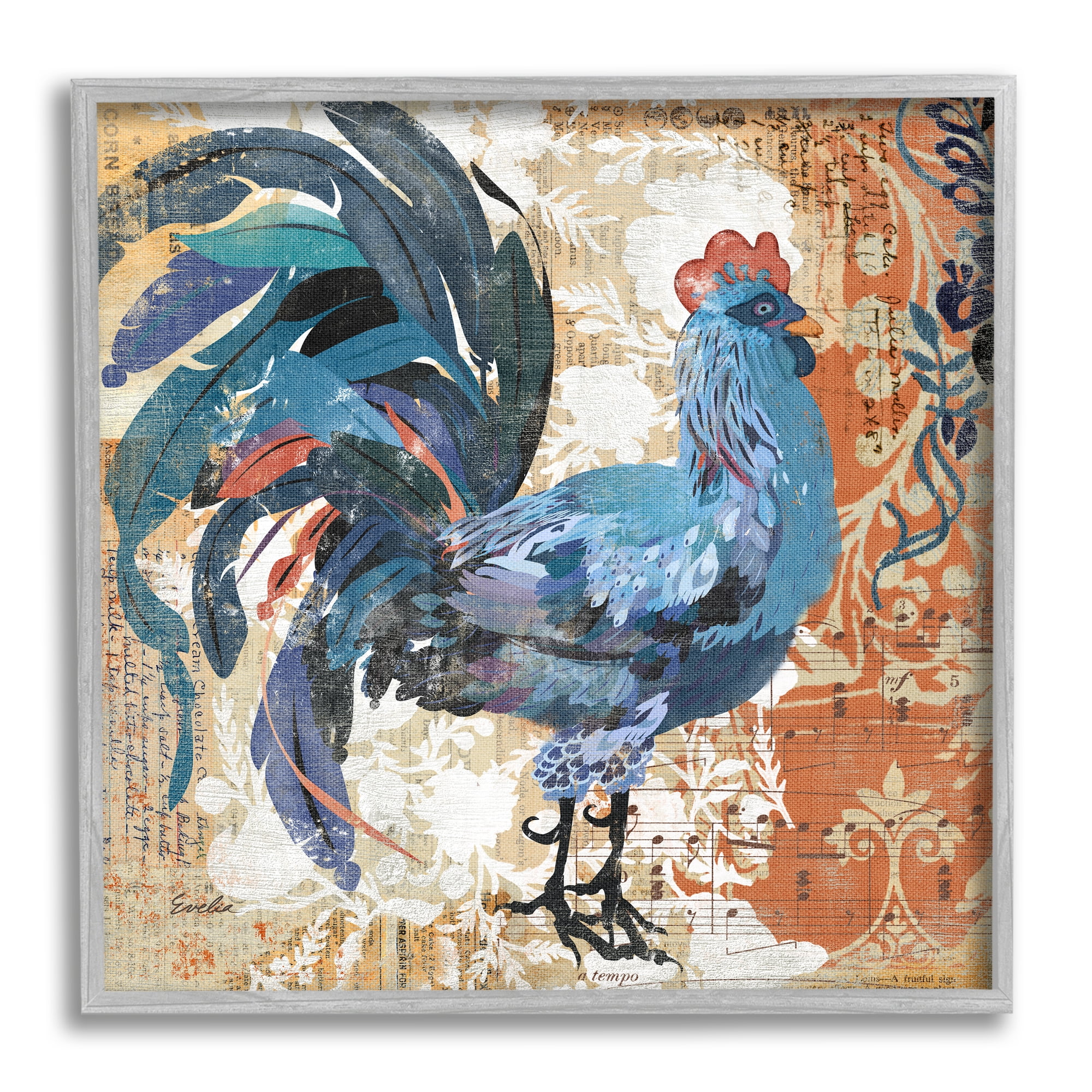 Stupell Vintage Rooster Floral Collage Animals & Insects Painting Gray Framed Art Print Wall Art