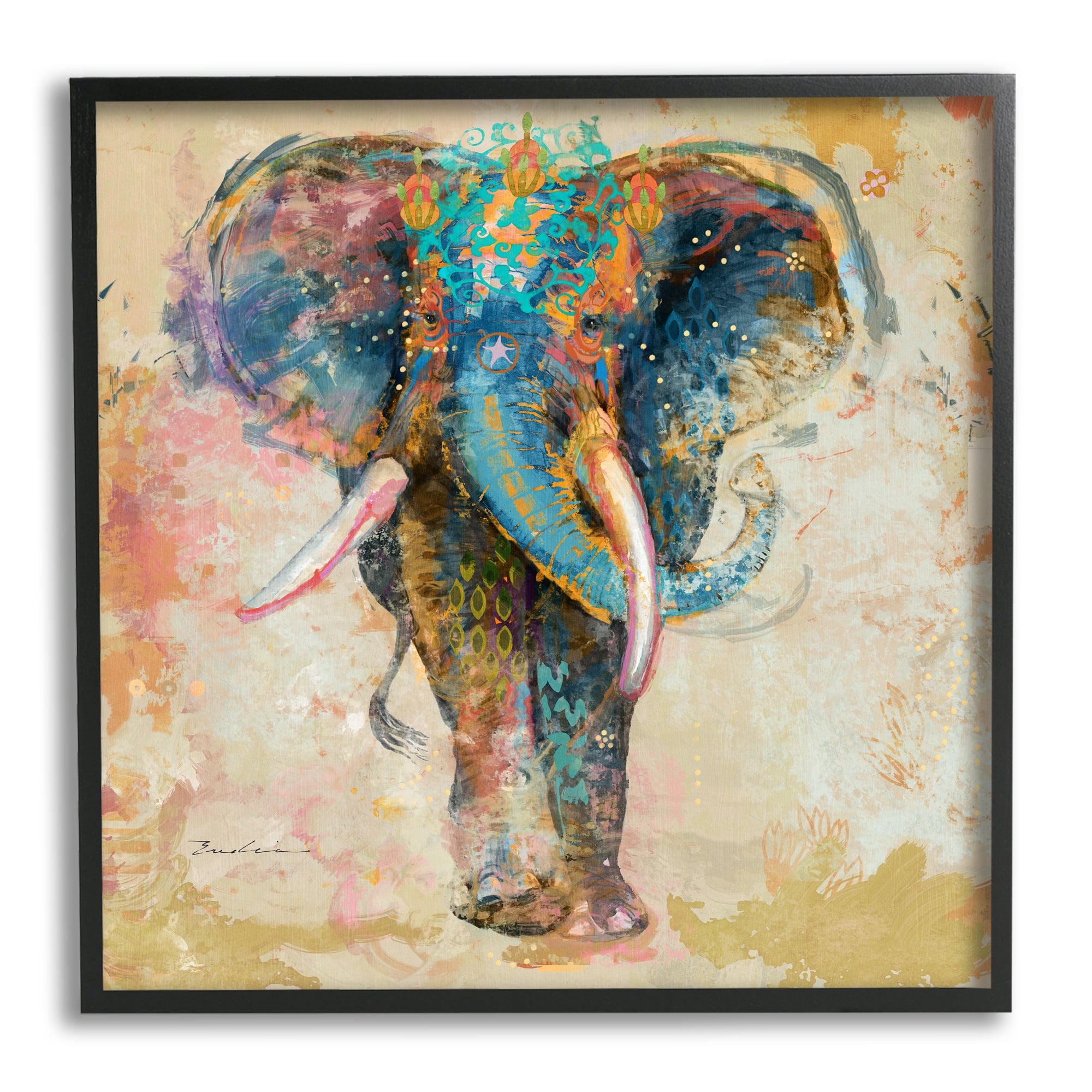 Stupell Vivid Elephant Collage Pattern Animals & Insects Painting Black Framed Art Print Wall Art