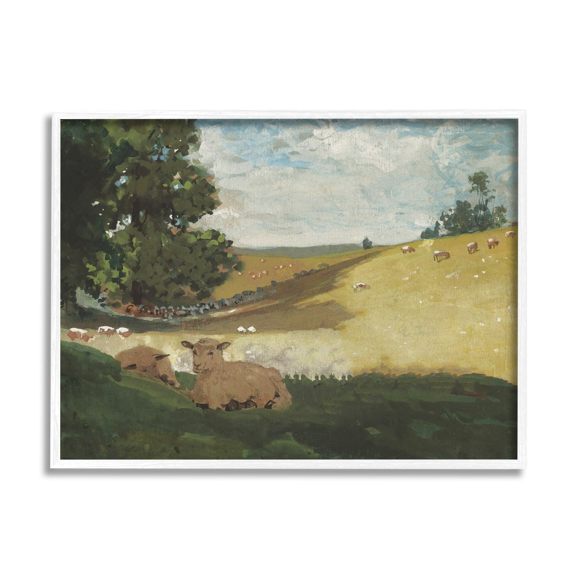Warm Afternoon Landscape with Sheep on Canvas in White Frame