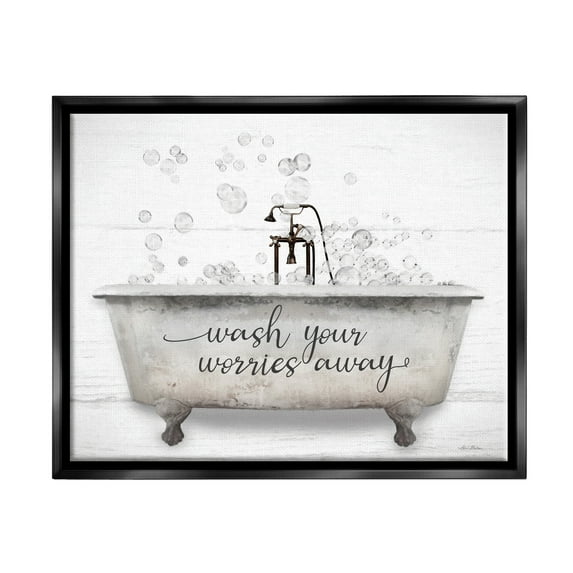 Stupell Wash Your Worries Away Tub Bubbles Typography Painting Black Floater Framed Art Print Wall Art
