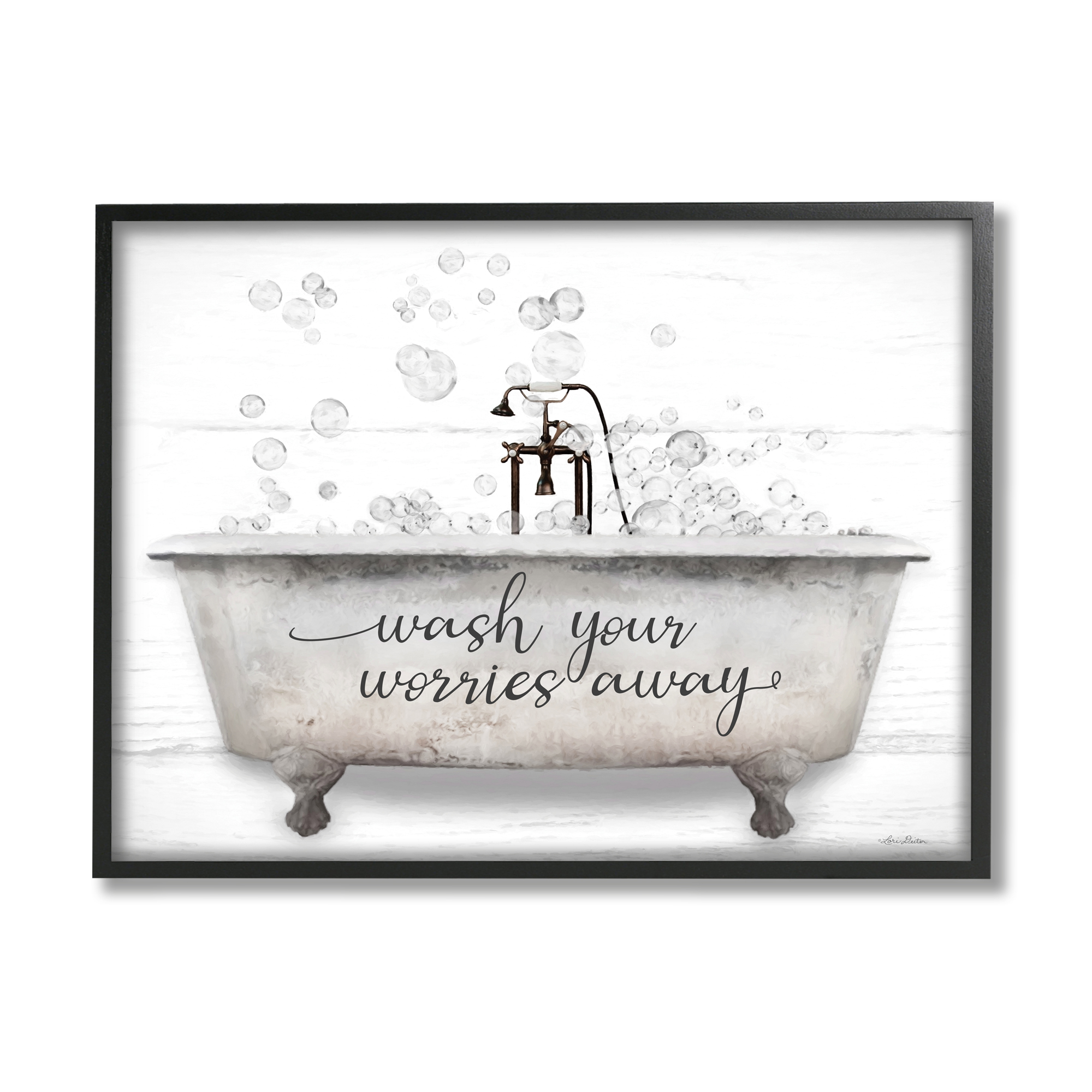 Stupell Wash Your Worries Away Tub Bubbles Typography Painting Black Framed Art Print Wall Art
