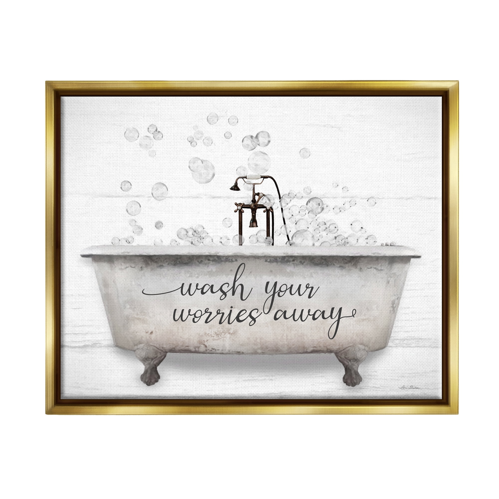 Stupell Wash Your Worries Away Tub Bubbles Typography Painting Gold Floater Framed Art Print Wall Art