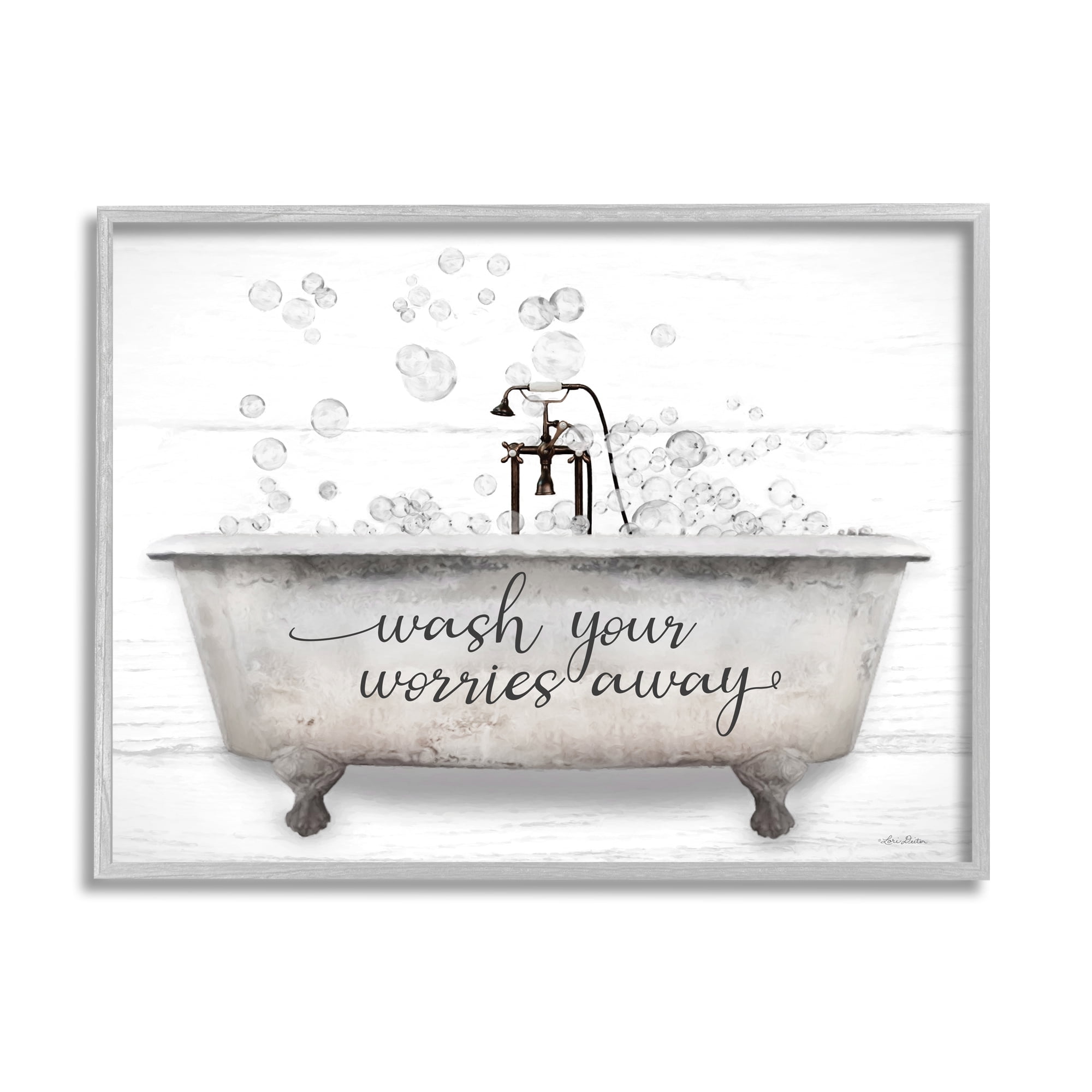 Stupell Wash Your Worries Away Tub Bubbles Typography Painting Gray Framed Art Print Wall Art