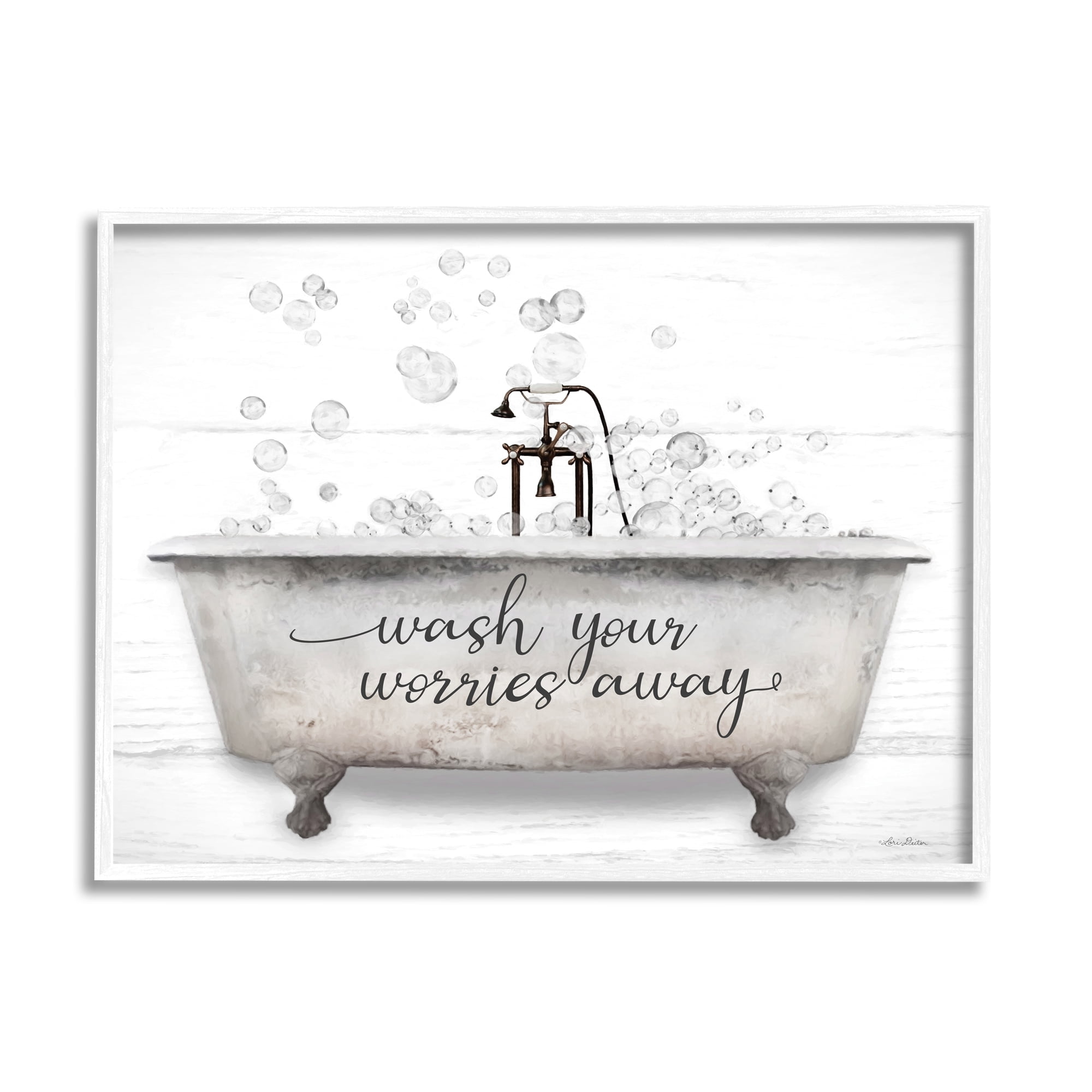 Stupell Wash Your Worries Away Tub Bubbles Typography Painting White Framed Art Print Wall Art