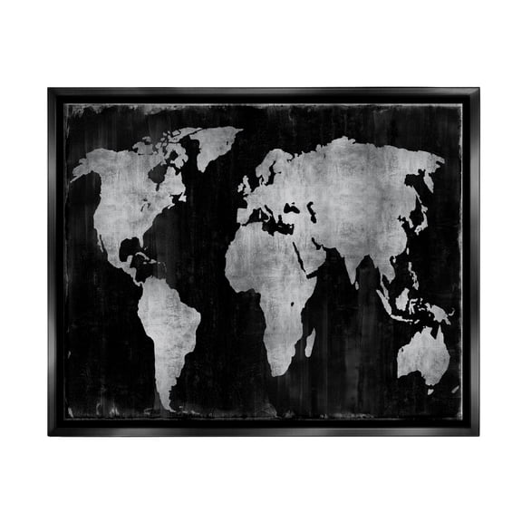 Stupell Weathered Black World Map Travel & Places Painting Black Floater Framed Art Print Wall Art