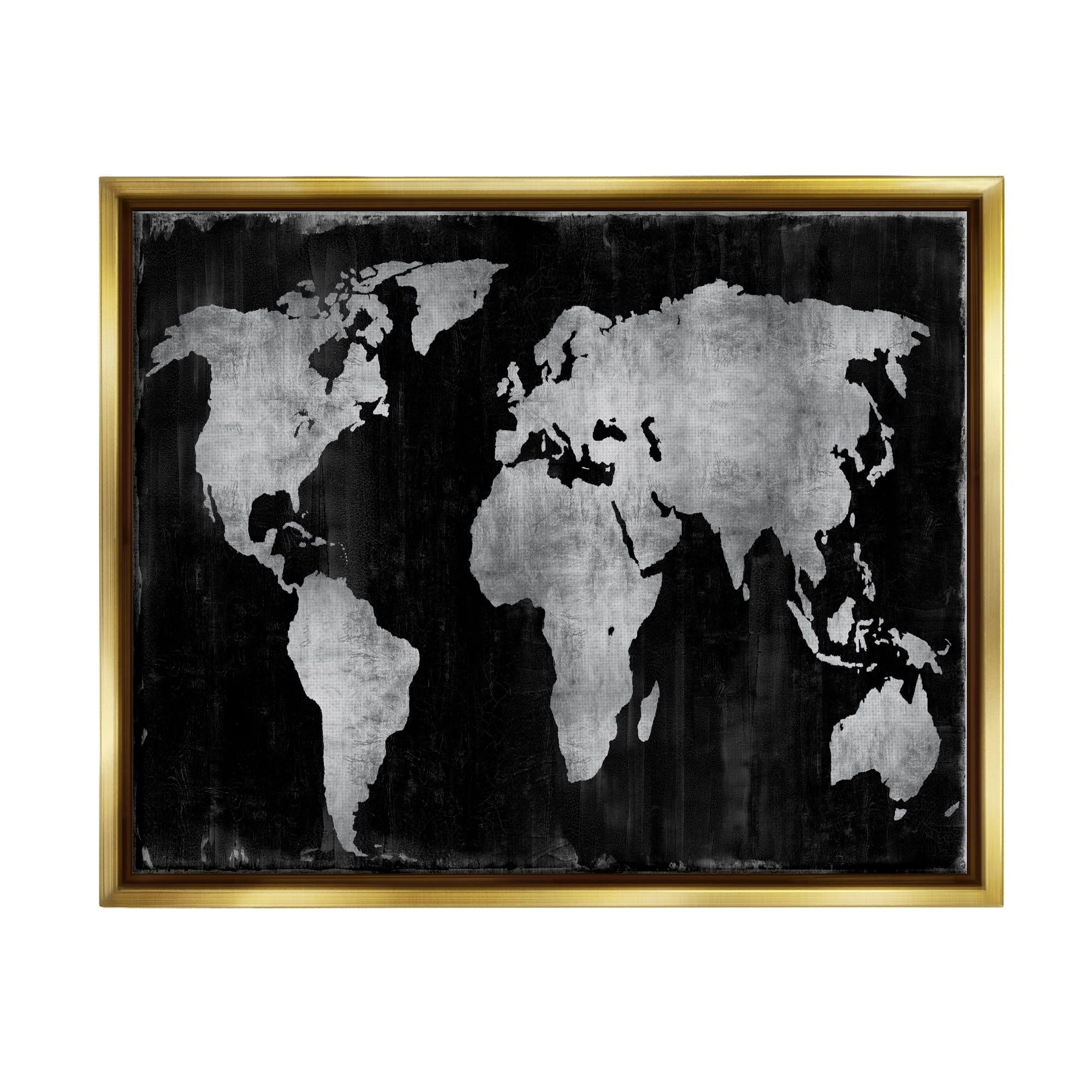 Stupell Weathered Black World Map Travel & Places Painting Gold Floater Framed Art Print Wall Art