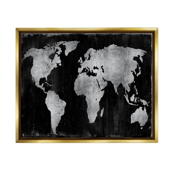 Stupell Weathered Black World Map Travel & Places Painting Gold Floater Framed Art Print Wall Art