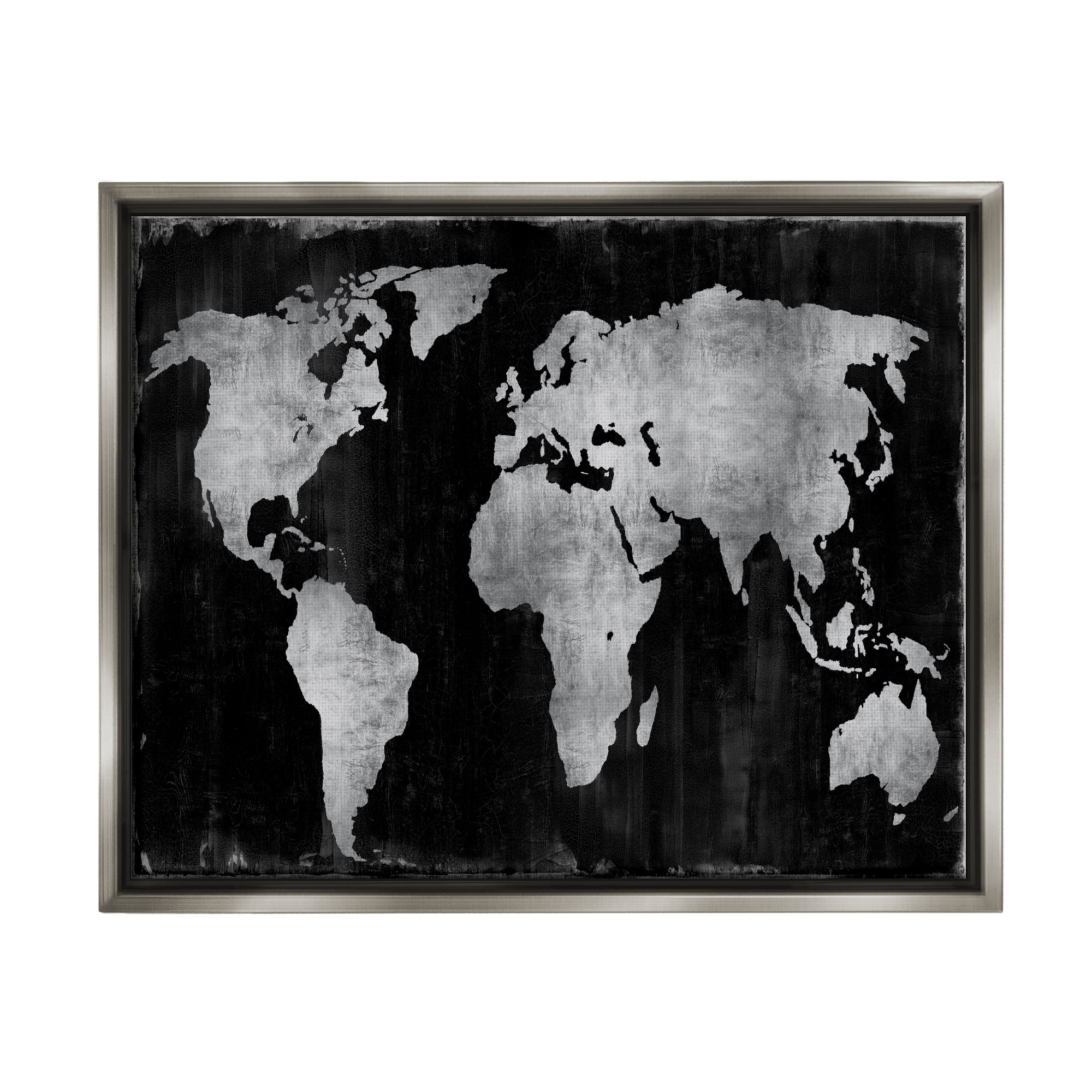 Stupell Weathered Black World Map Travel & Places Painting Gray Floater Framed Art Print Wall Art