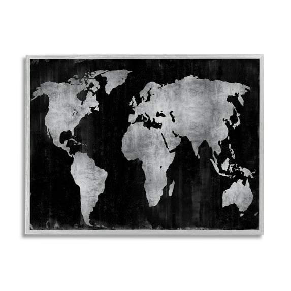 Stupell Weathered Black World Map Travel & Places Painting Gray Framed Art Print Wall Art