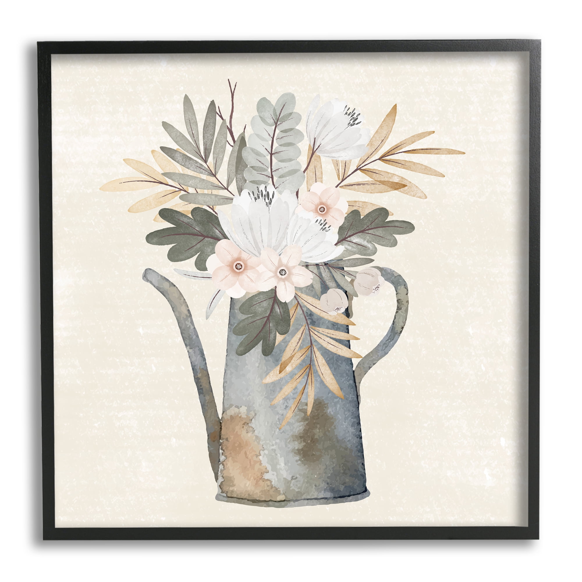 Stupell Weathered Watering Can Garden Blooms Botanical & Floral Painting Black Framed Art Print Wall Art