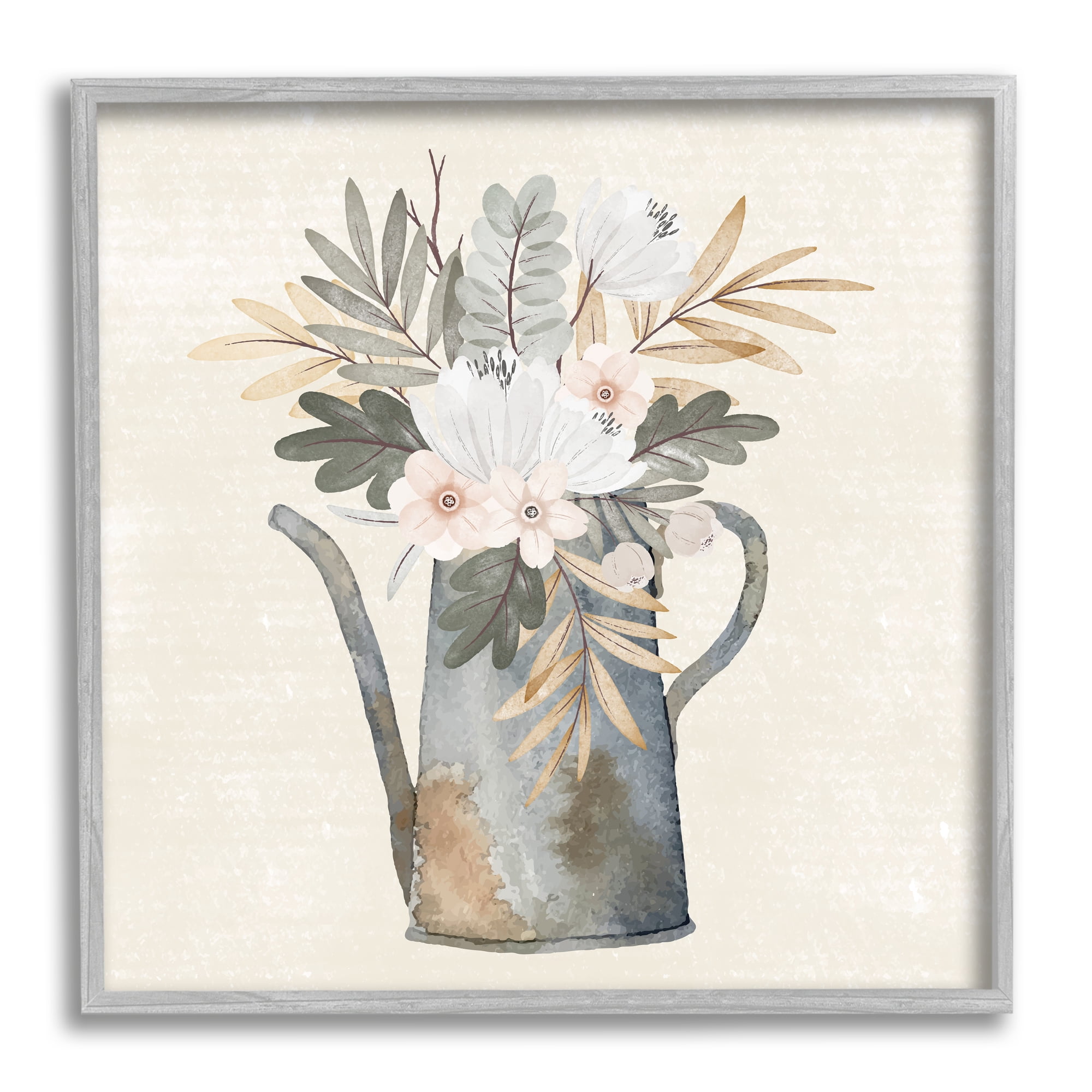 Stupell Weathered Watering Can Garden Blooms Botanical & Floral Painting Gray Framed Art Print Wall Art