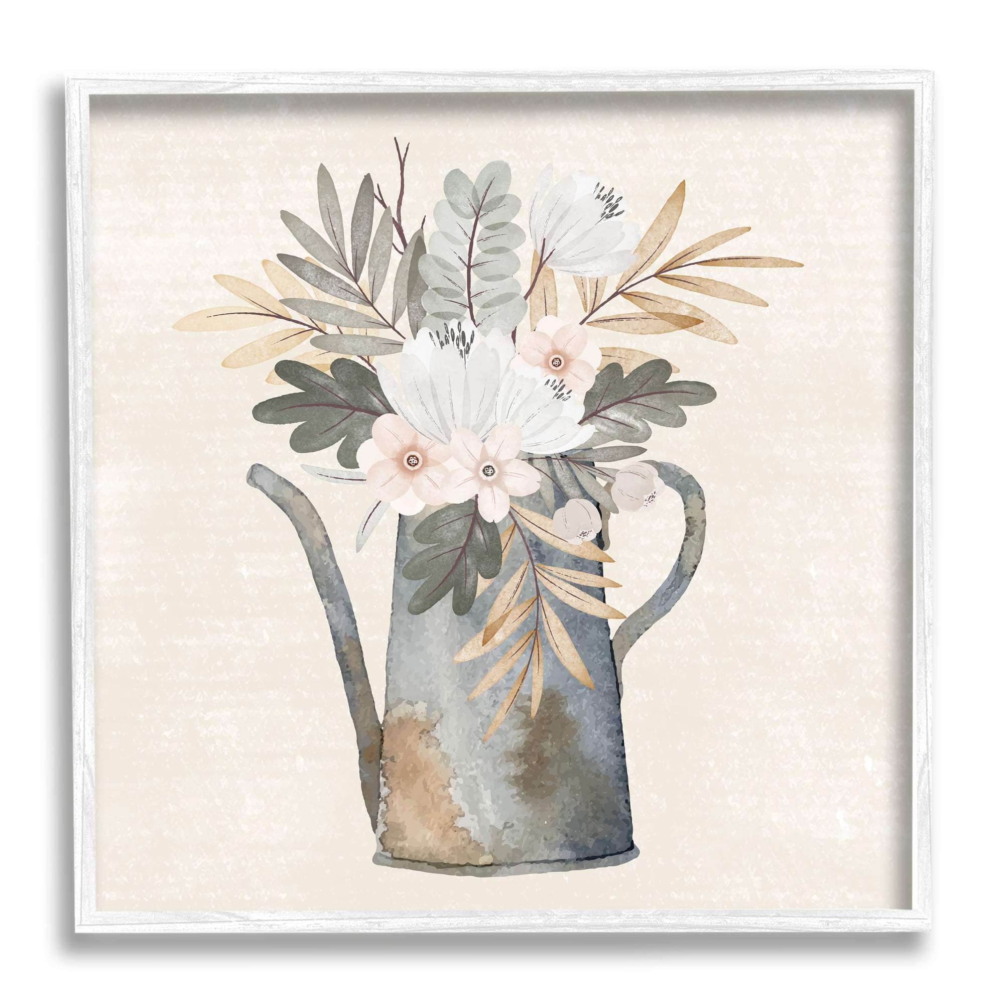 Stupell Weathered Watering Can Garden Blooms Botanical & Floral Painting White Framed Art Print Wall Art