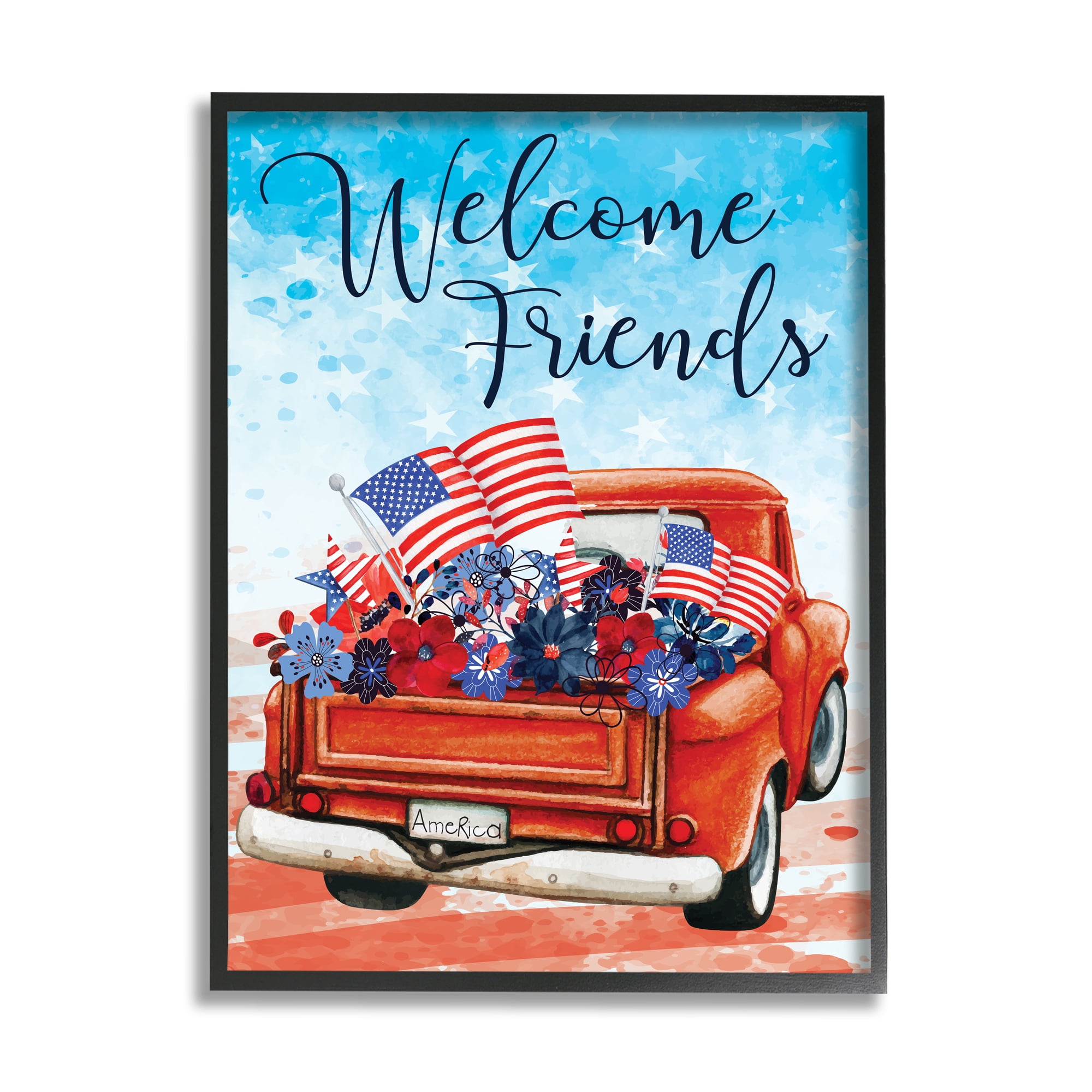 Stupell Welcome Friends Americana Pickup Truck Holiday Painting Black Framed Art Print Wall Art