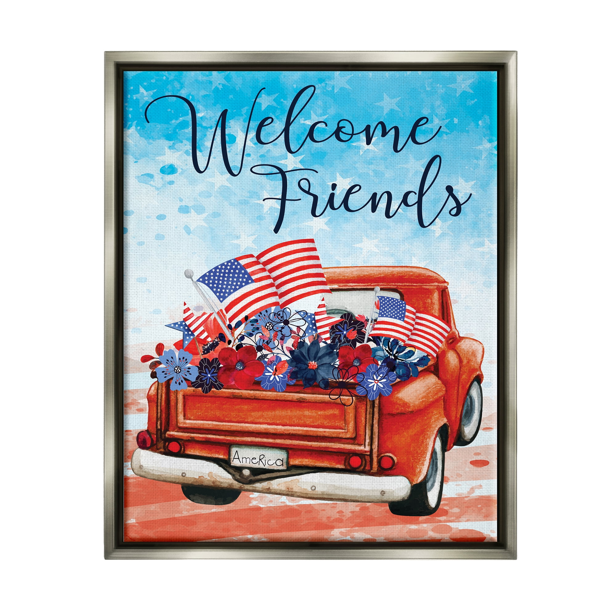 Stupell Welcome Friends Americana Pickup Truck Holiday Painting Gray Floater Framed Art Print Wall Art
