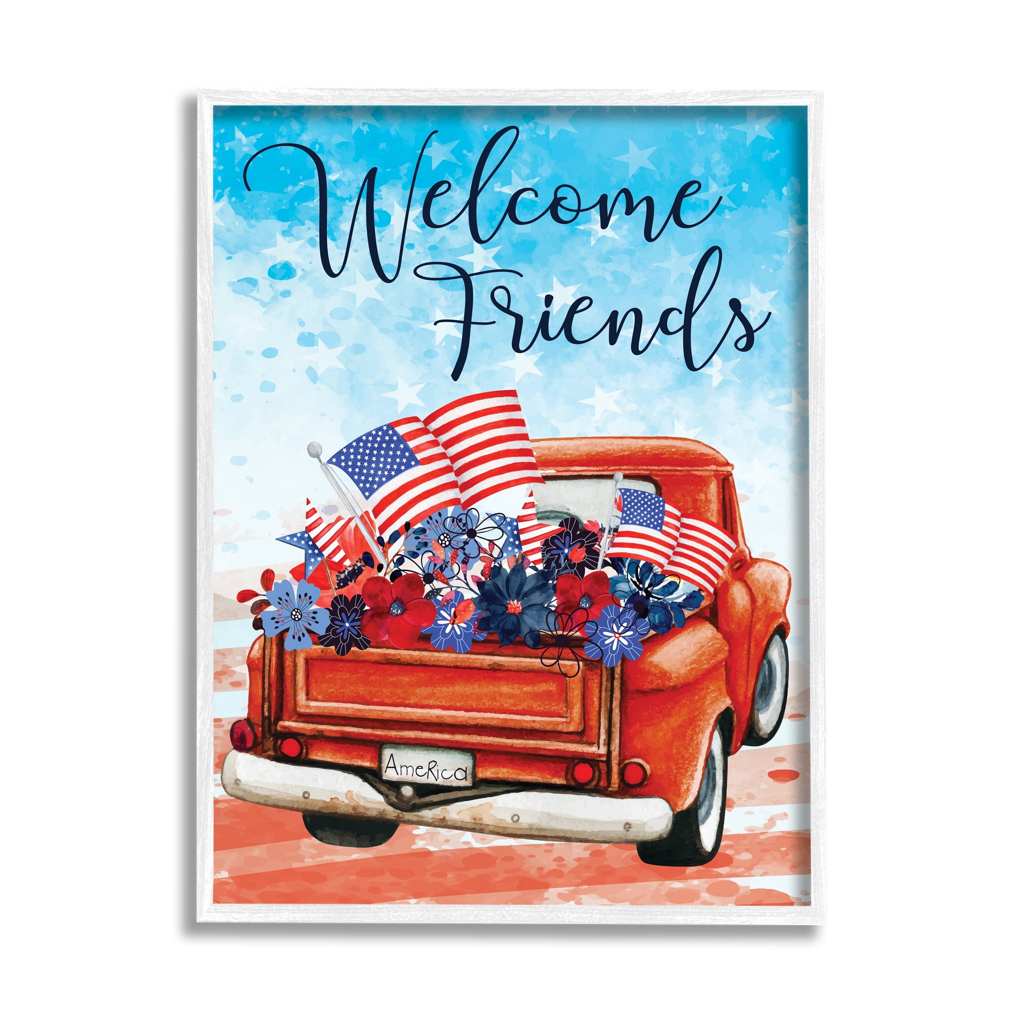 Stupell Welcome Friends Americana Pickup Truck Holiday Painting White Framed Art Print Wall Art