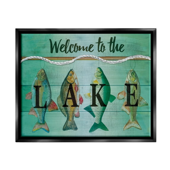 Stupell Welcome Lake Nautical Fishing Rope Landscape Painting Black Floater Framed Art Print Wall Art