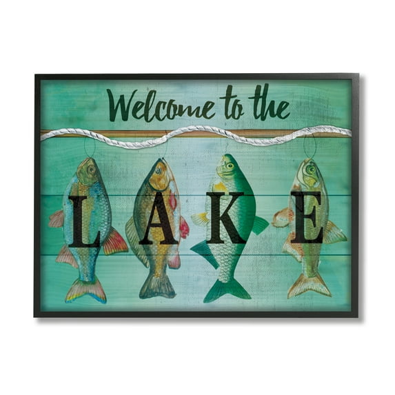 Stupell Welcome Lake Nautical Fishing Rope Landscape Painting Black Framed Art Print Wall Art