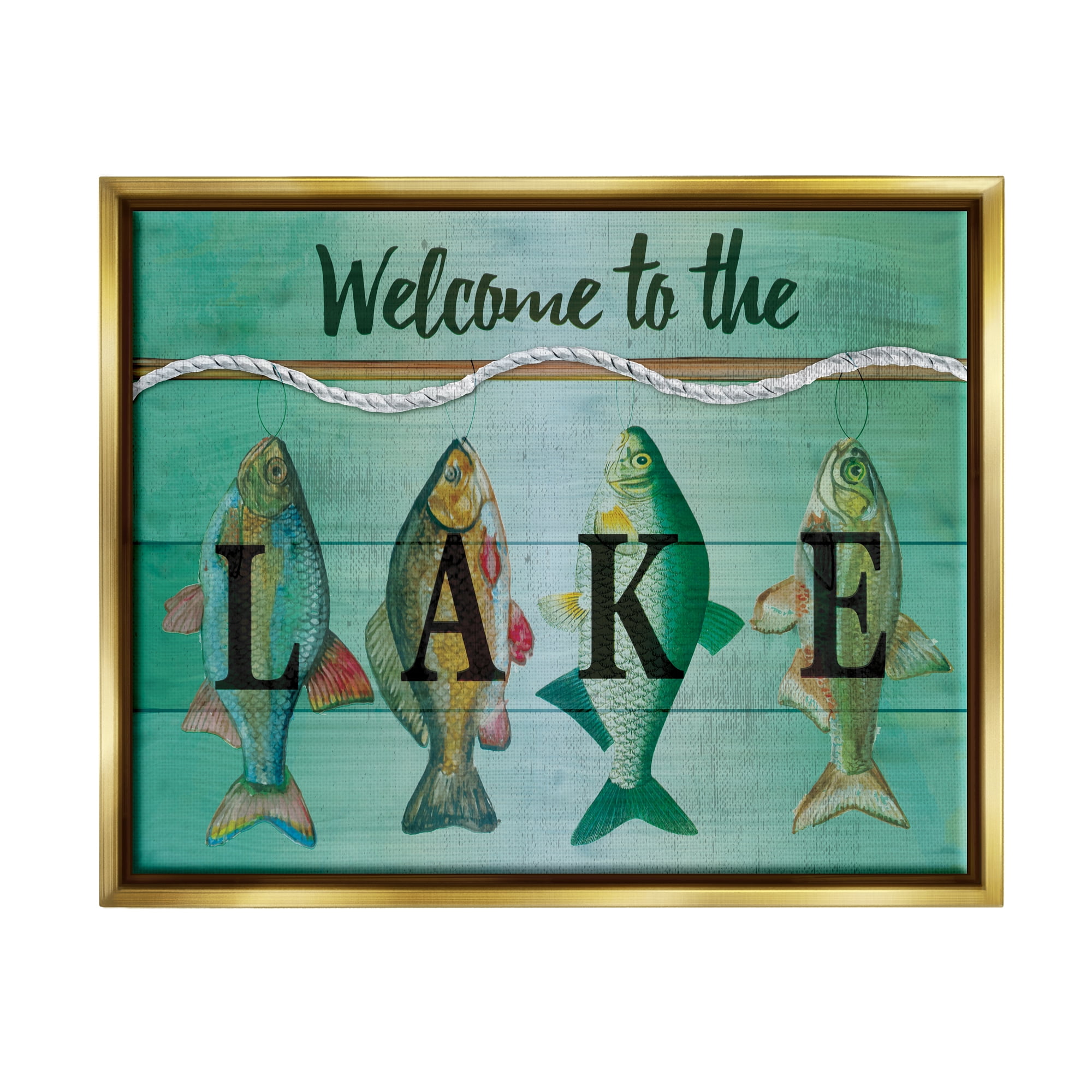 Stupell Welcome Lake Nautical Fishing Rope Landscape Painting Gold Floater Framed Art Print Wall Art