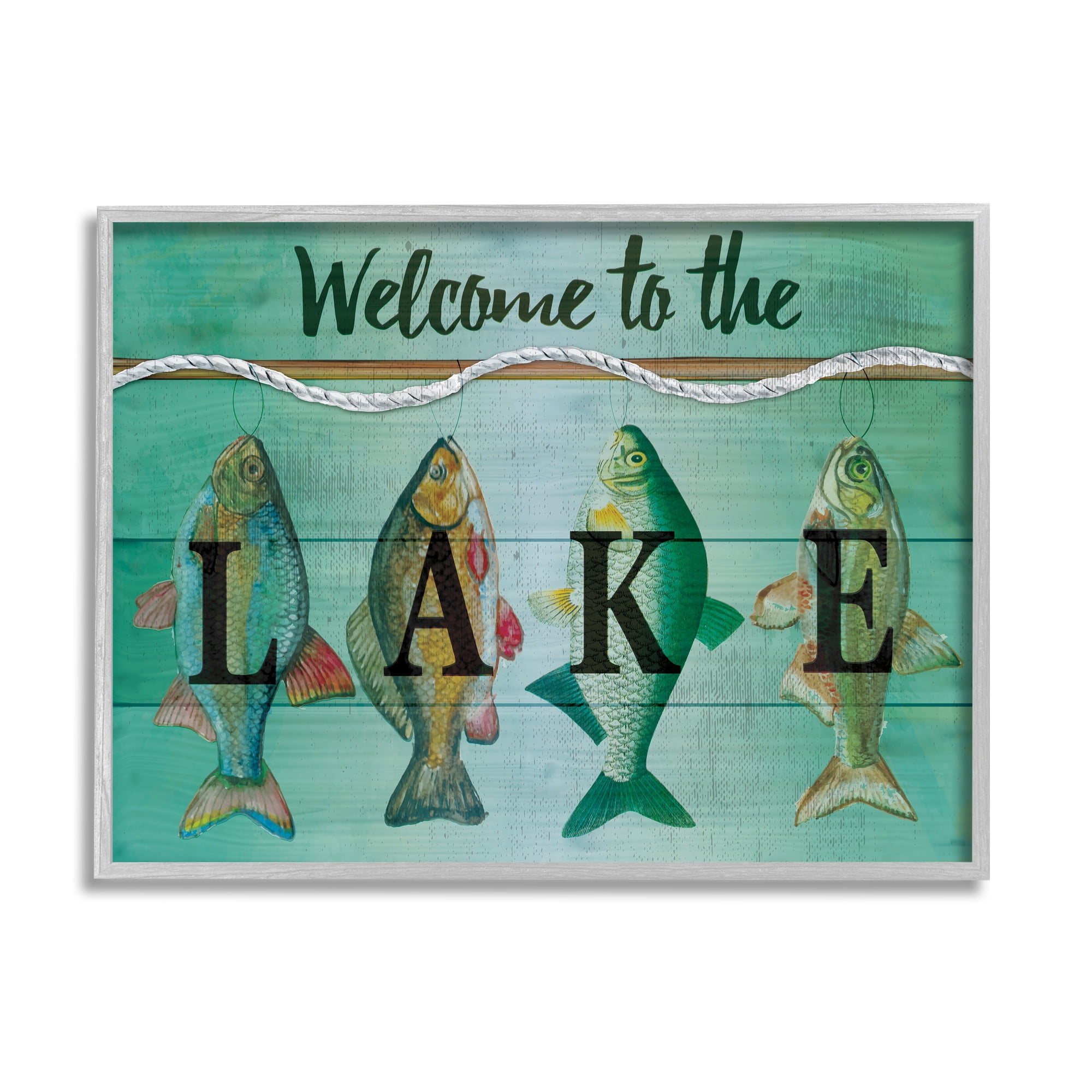 Stupell Welcome Lake Nautical Fishing Rope Landscape Painting Gray Framed Art Print Wall Art