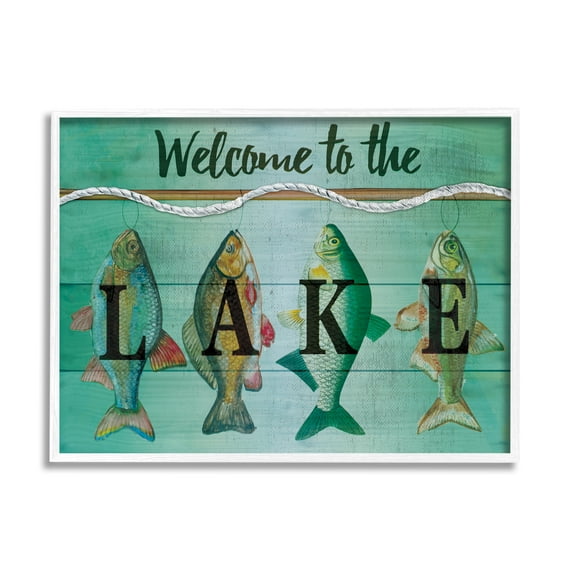 Stupell Welcome Lake Nautical Fishing Rope Landscape Painting White Framed Art Print Wall Art