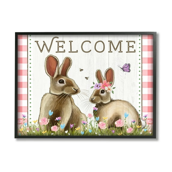 Stupell Welcome Plaid Spring Garden Rabbits Holiday Painting Black Framed Art Print Wall Art