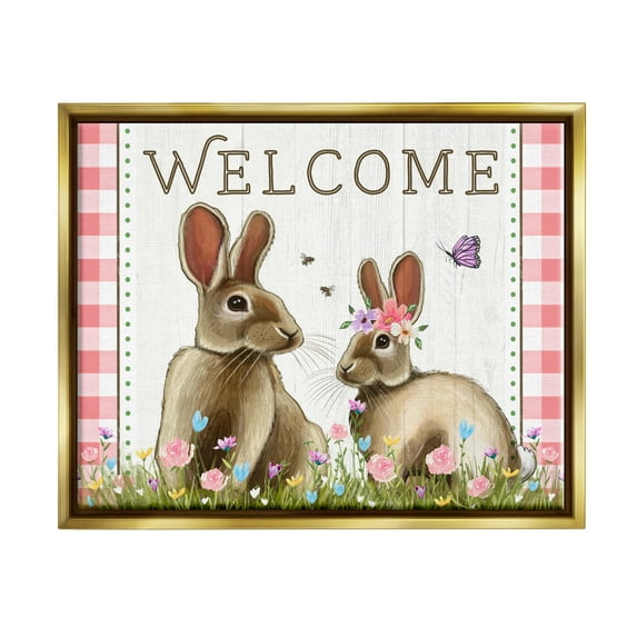 Stupell Welcome Plaid Spring Garden Rabbits Holiday Painting Gold Floater Framed Art Print Wall Art