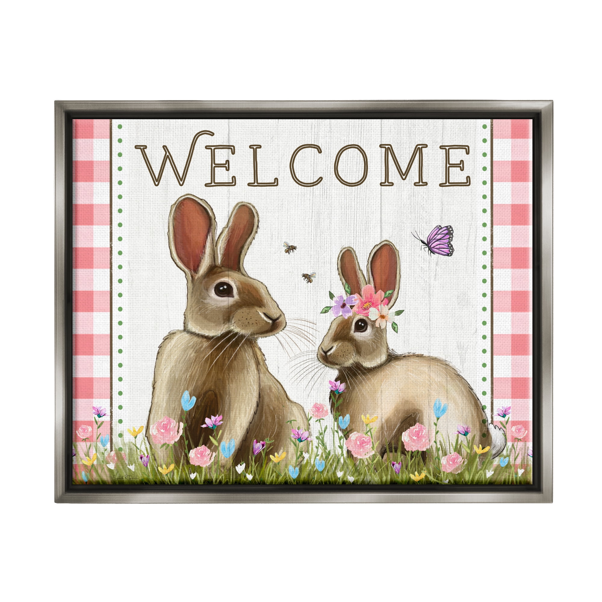 Stupell Welcome Plaid Spring Garden Rabbits Holiday Painting Gray Floater Framed Art Print Wall Art