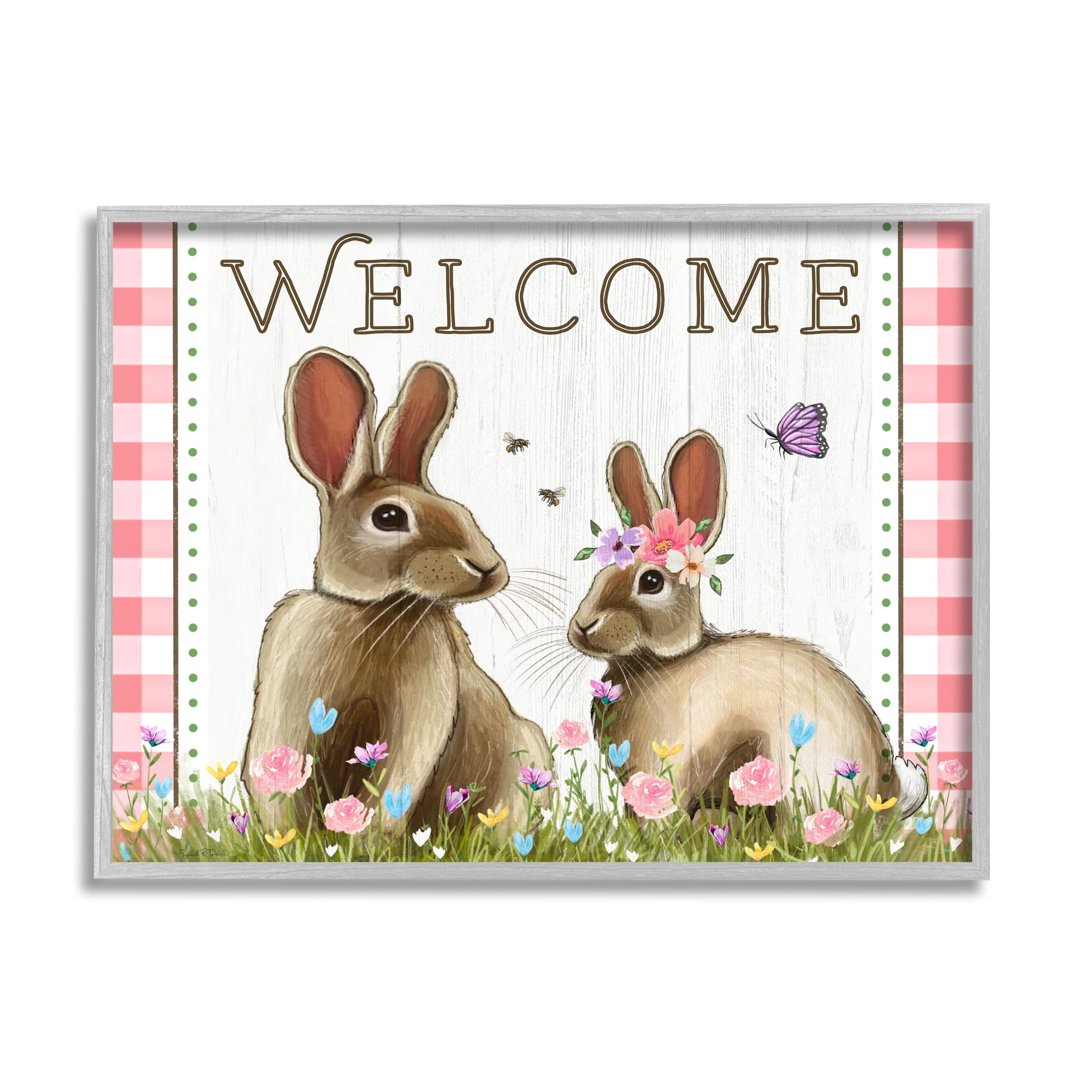 Stupell Welcome Plaid Spring Garden Rabbits Holiday Painting Gray Framed Art Print Wall Art