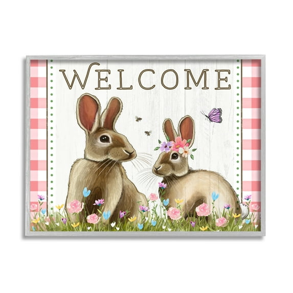 Stupell Welcome Plaid Spring Garden Rabbits Holiday Painting Gray Framed Art Print Wall Art