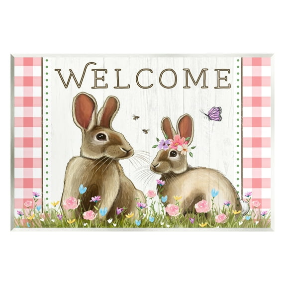Stupell Welcome Plaid Spring Garden Rabbits Holiday Painting Wall Plaque Unframed Art Print Wall Art